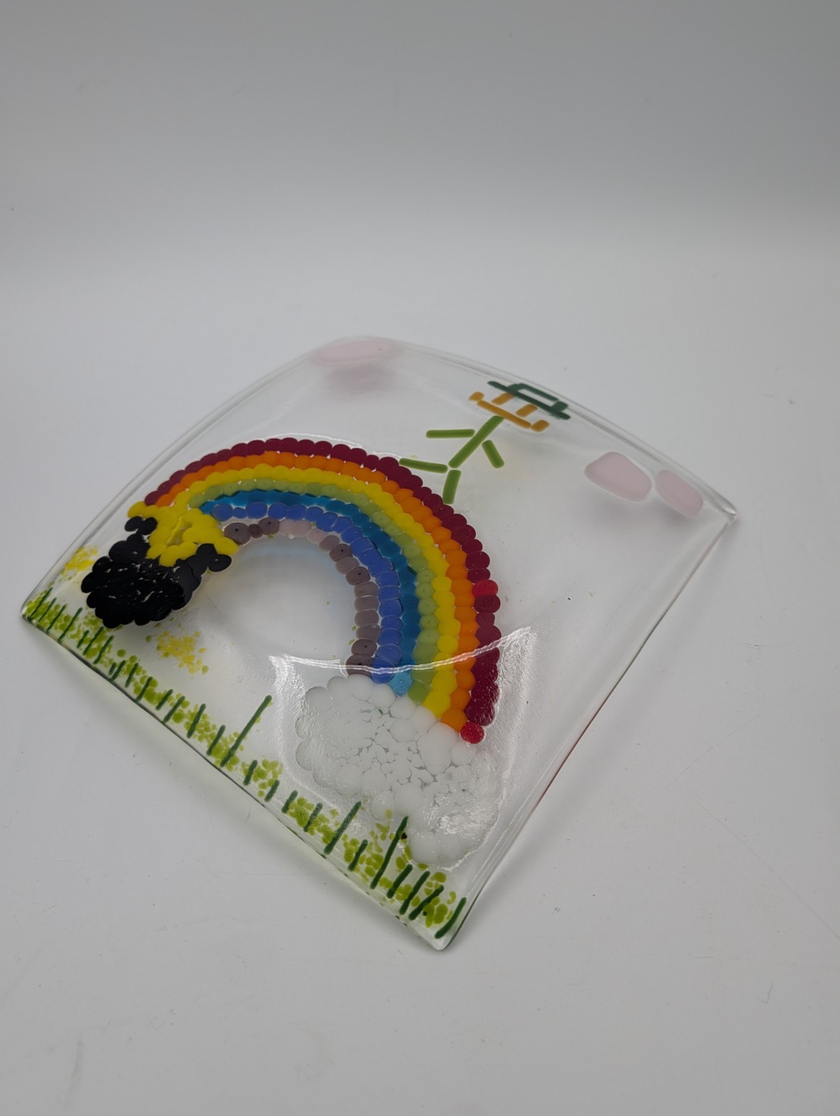 Handmade Fused Art Glass Square Dish Leprechaun Rainbow 7.75&Prime;