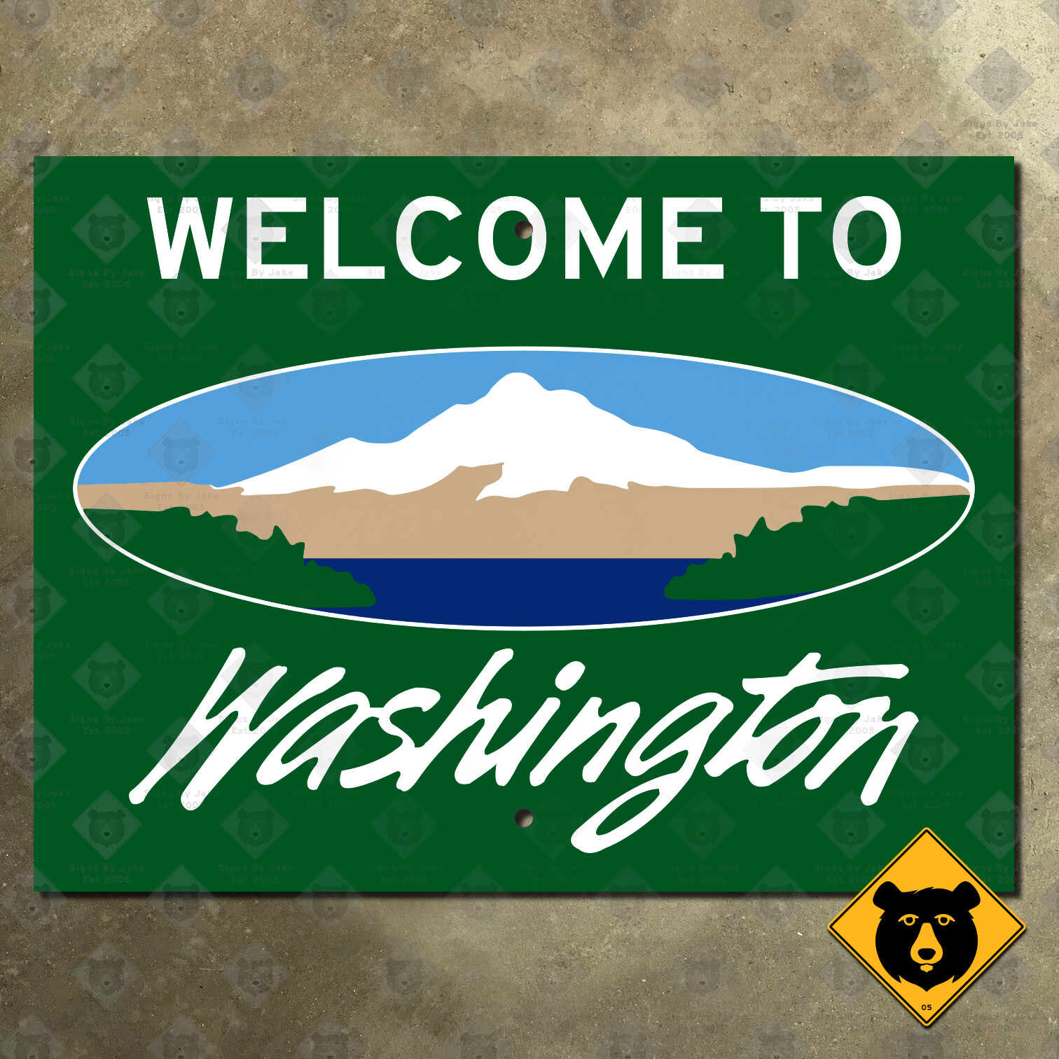 Washington state line marker highway road sign Rainier volcano 2015 12×9