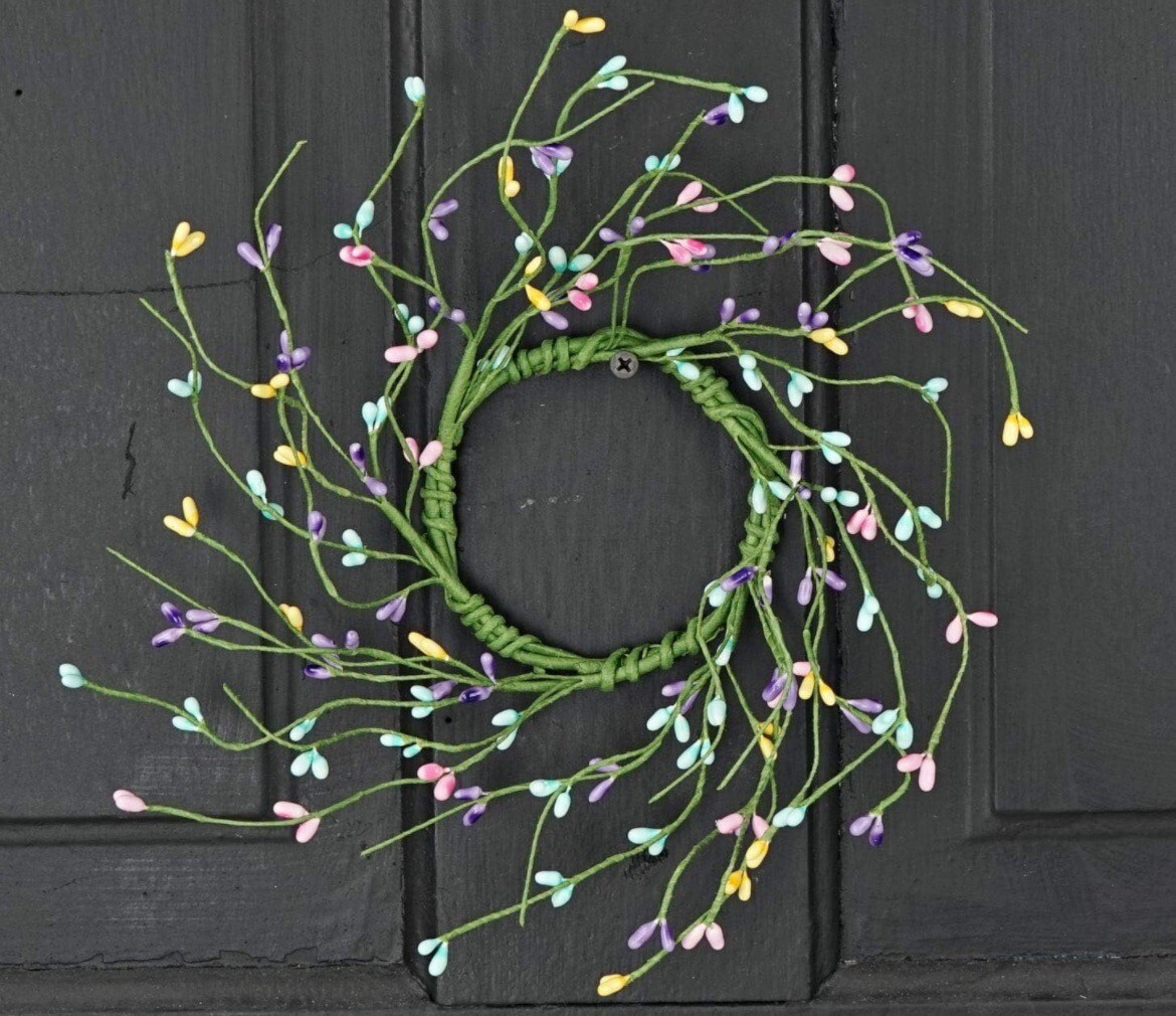 Happy Spring Pip Berry Candle Ring 3.5&Prime; -Pastel Easter Wreath Pink Purple Green