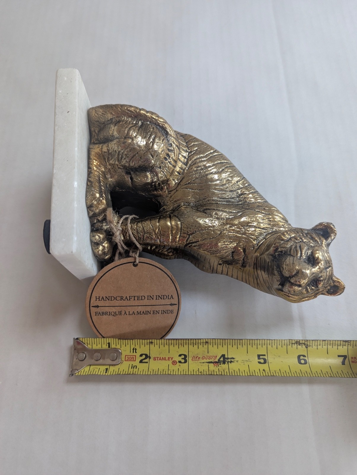 Handcrafted Brass-effect Tiger Figurine Sculpted Marble Base India Home Decor