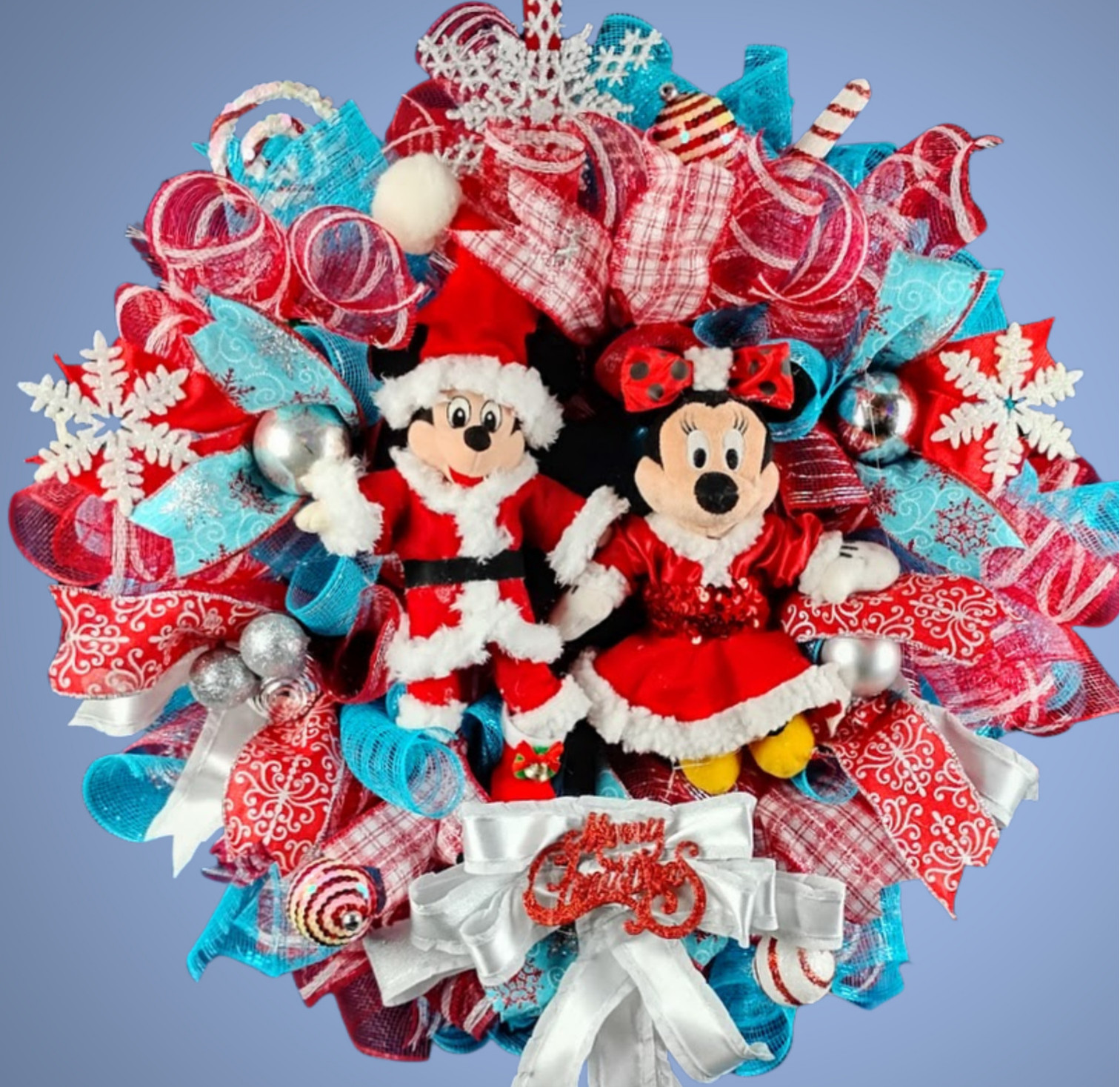 Mickey and Minnie Mouse Christmas Wreath Large 24&Prime; Holiday Front Door Decor