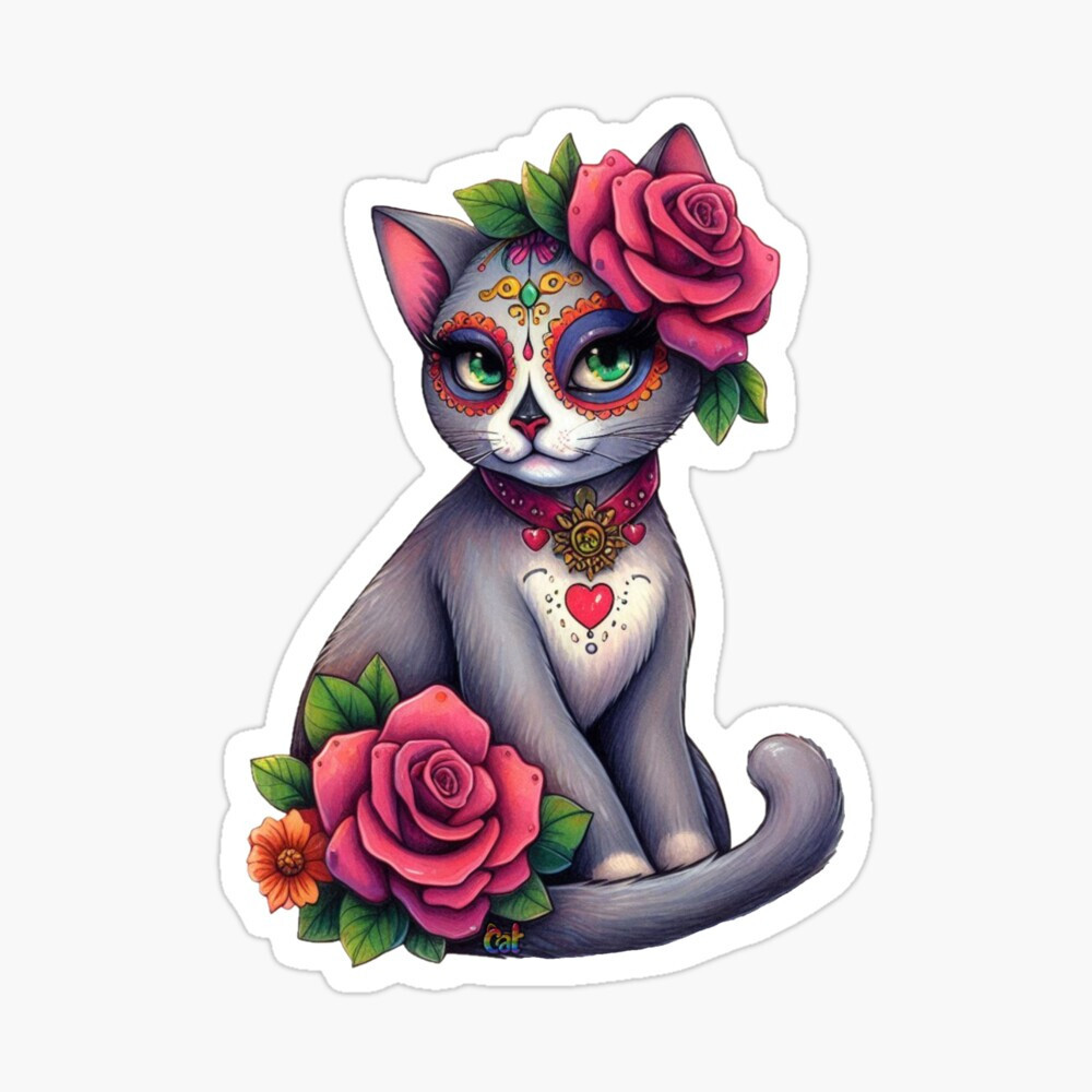 Dia de Muertos Kitty with Roses Sticker by C Autumn Trapp Original Art 3&Prime; x 3&Prime;
