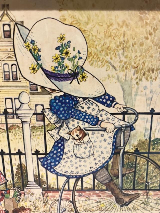 Vintage 1970s Holly Hobbie Wood Framed Picture Girls bike wagon wall hanging