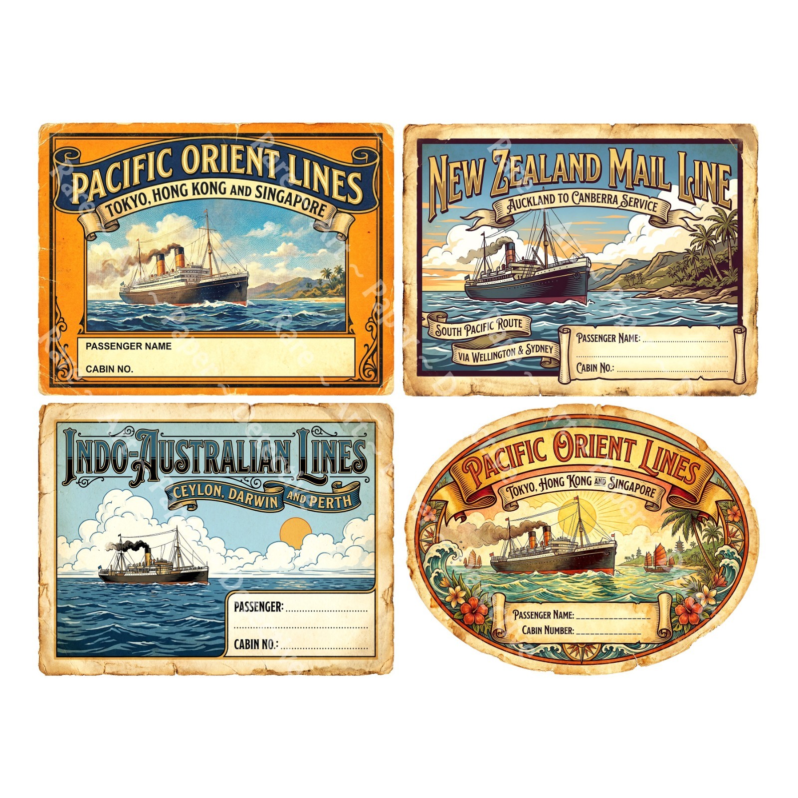 Retro Steamship Luggage Label Stickers, 4 Labels on 1 Cut & Peel Sheet, 1470