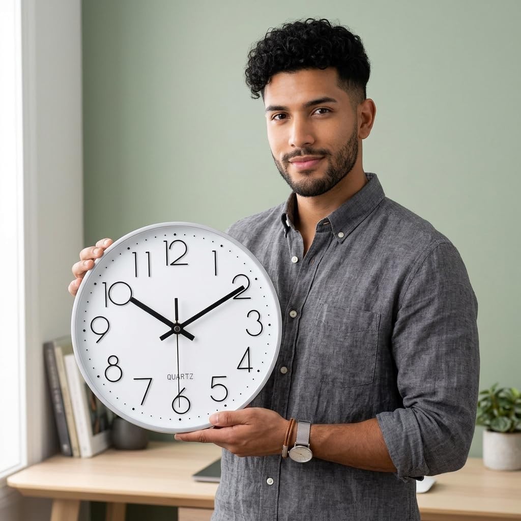Silent 10 Inch Quartz Wall Clock – Elegant Silver Design for Home & Office