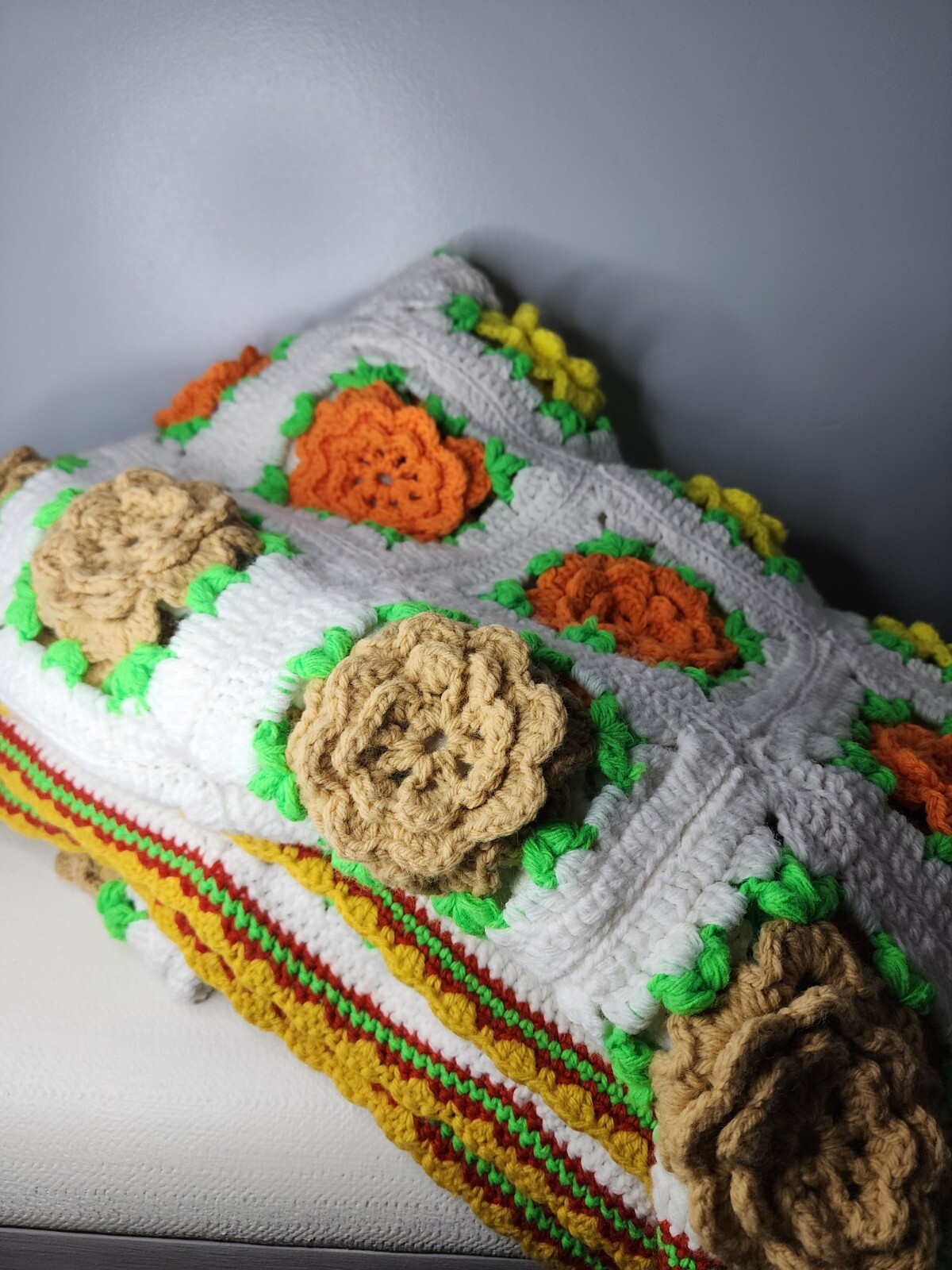 Vintage Crochet Knitted Afghan Throw Blanket Multi Color Granny 3D Flowers 90×60