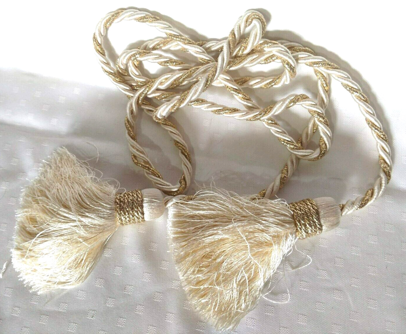 8 ft Braided Cord 2 Tassels Ivory & Gold Metallic Drapery Curtain Decor Tieback