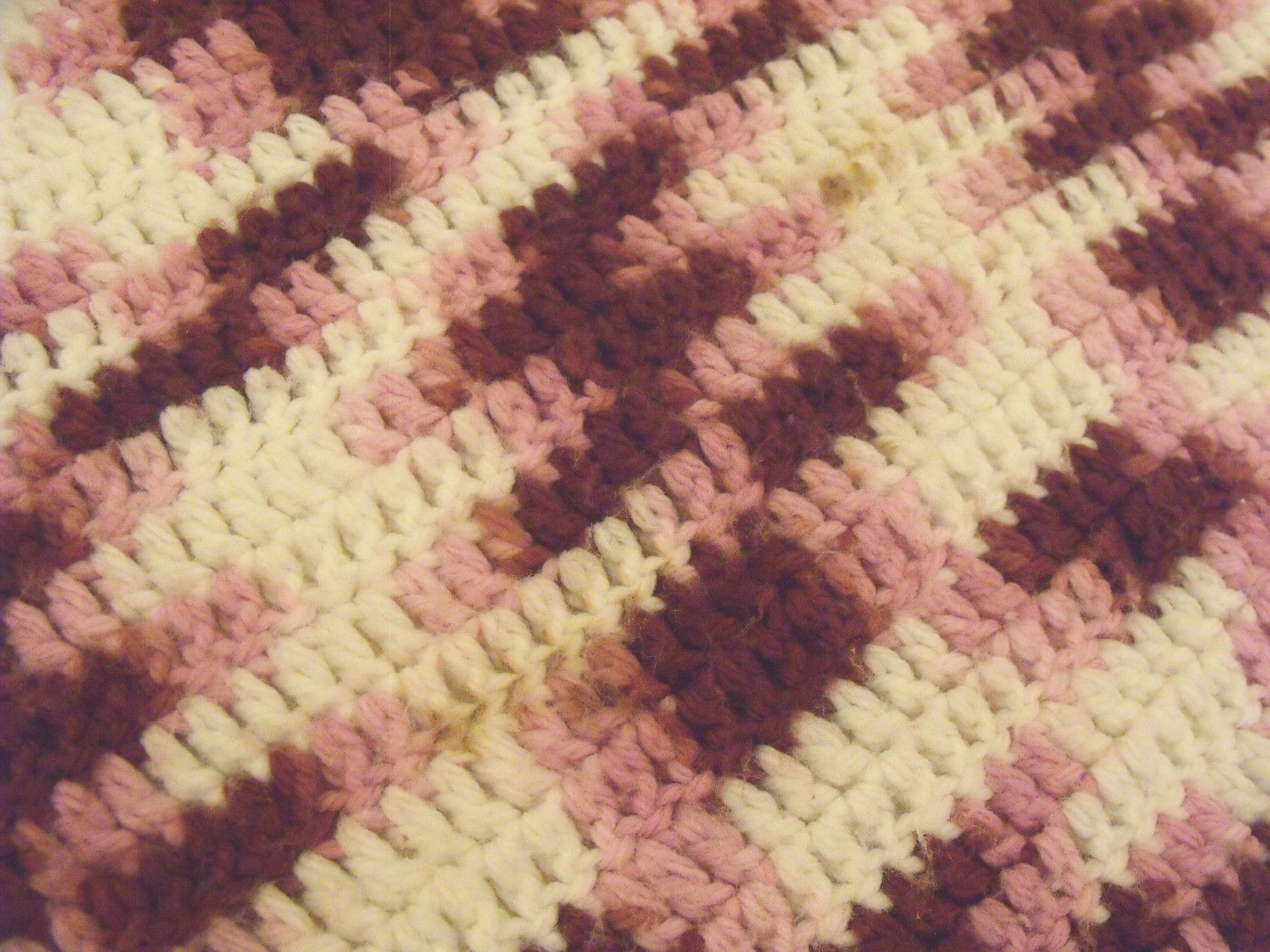 Vtg Crocheted Afghan Throw Handmade Variegated Burgundy Pink White Rust 46&Prime;x66&Prime;