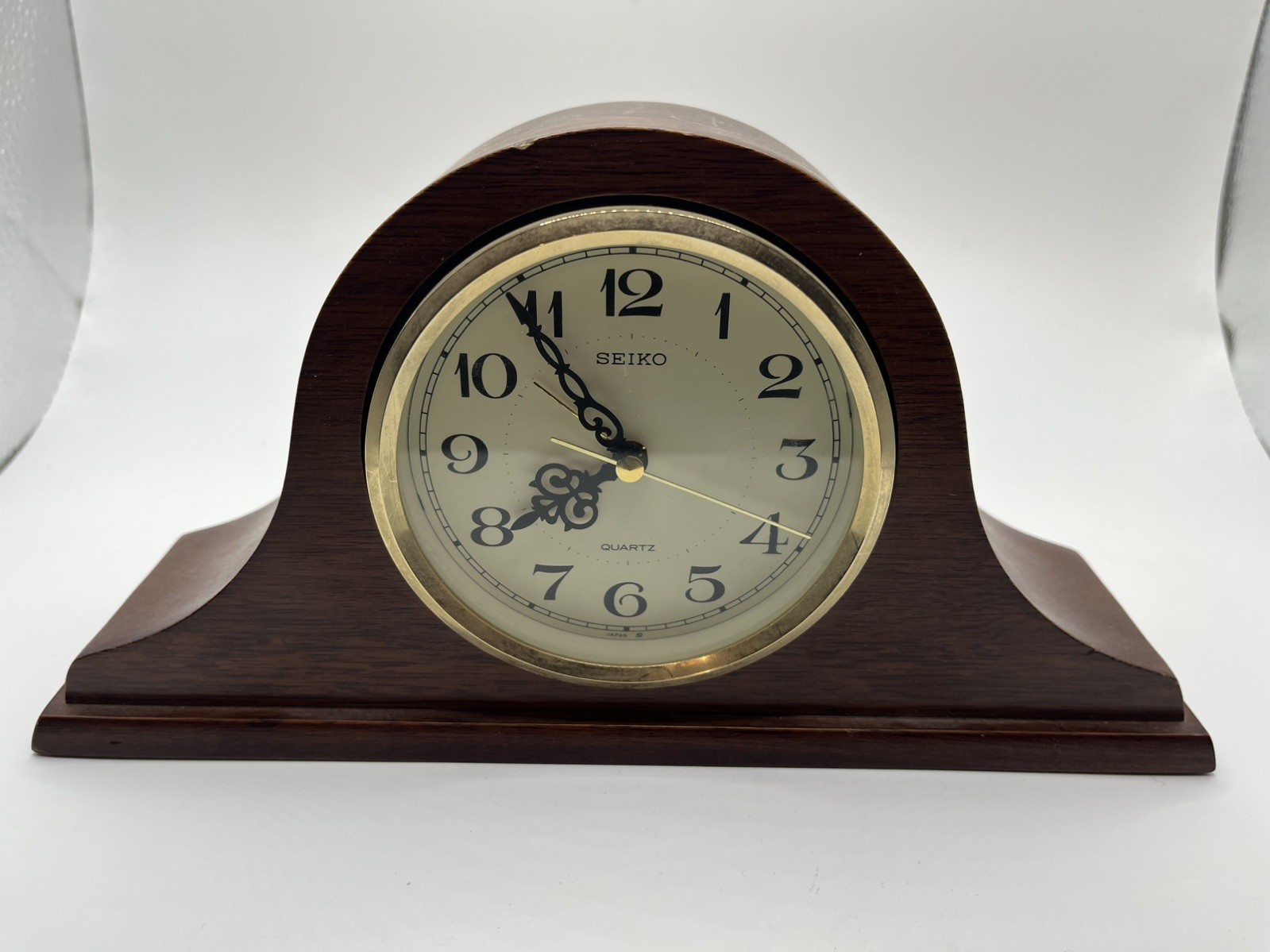 Seiko Quartz Traditional Brown Wood Mantel Clock QQP294B Crowned Top Arabic