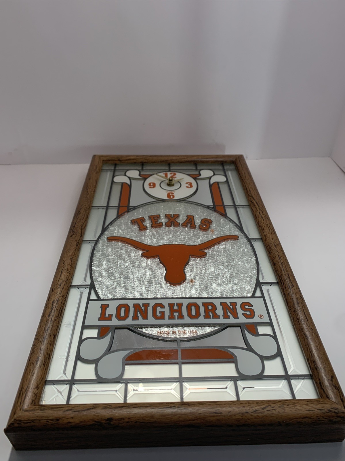 Texas Longhorn Stain Glass Style Wood Frame Clock 17×10 Inches