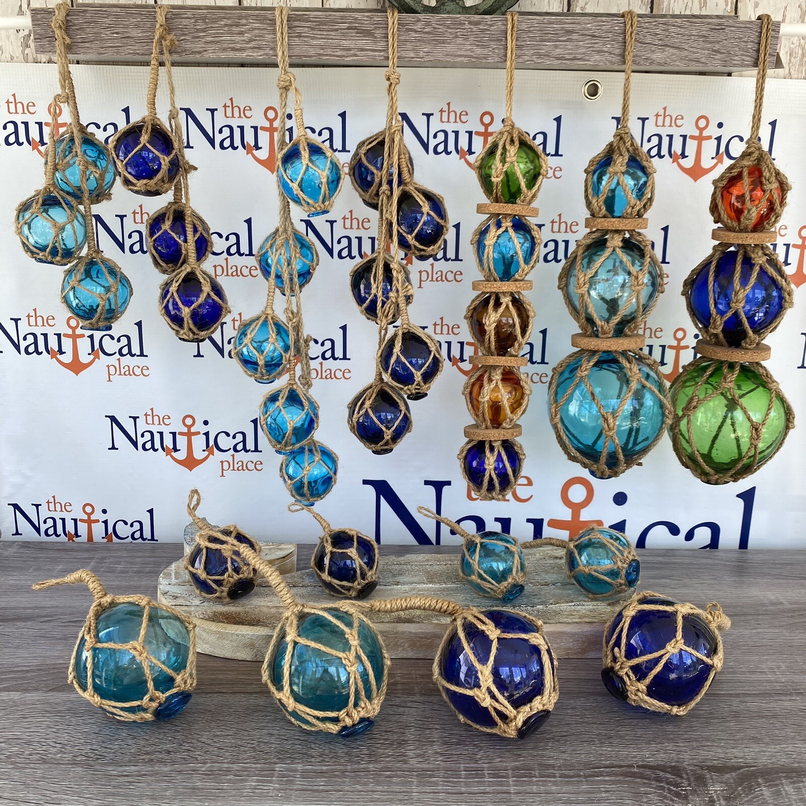 Glass Fishing Floats On Jute Rope – Red, Blue, Aqua, Green – Nautical Wall Decor