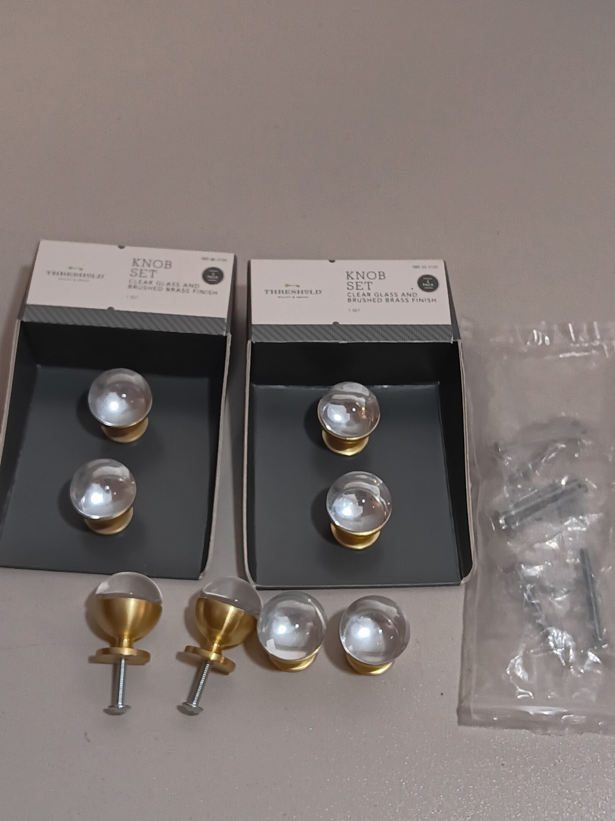 Lot of 8- 1.2-Inch Cabinet Drawer Clear Glass Crystal Brushed Brass knobs Round