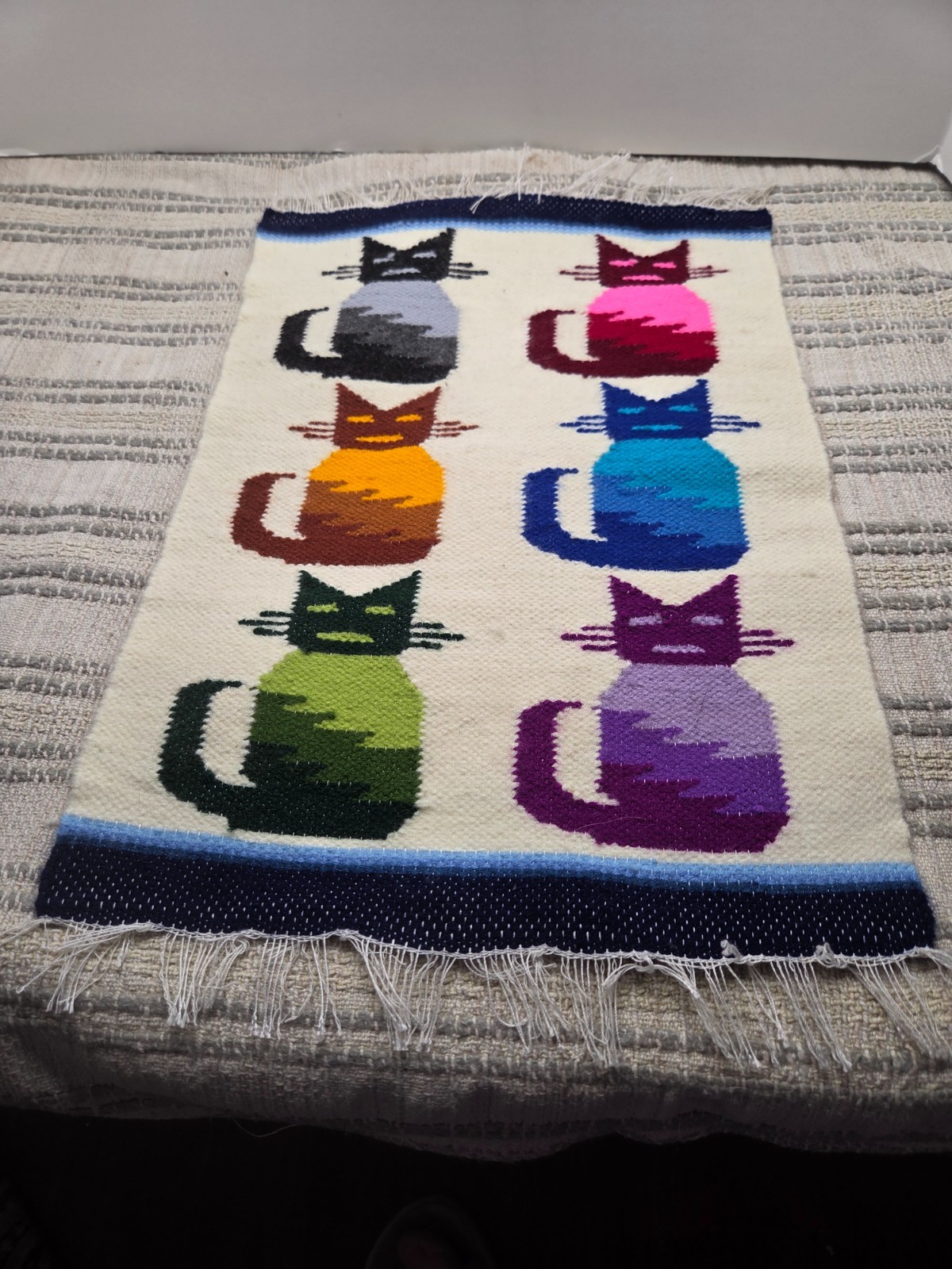Peruvian folk art multicolor cats kilim tapestry wool handwoven