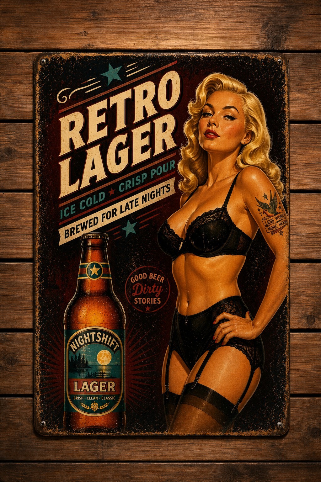 Retro Pinup Beer Sign Metal Wall Decor Vintage Lager Garage Bar Man Cave 8×12