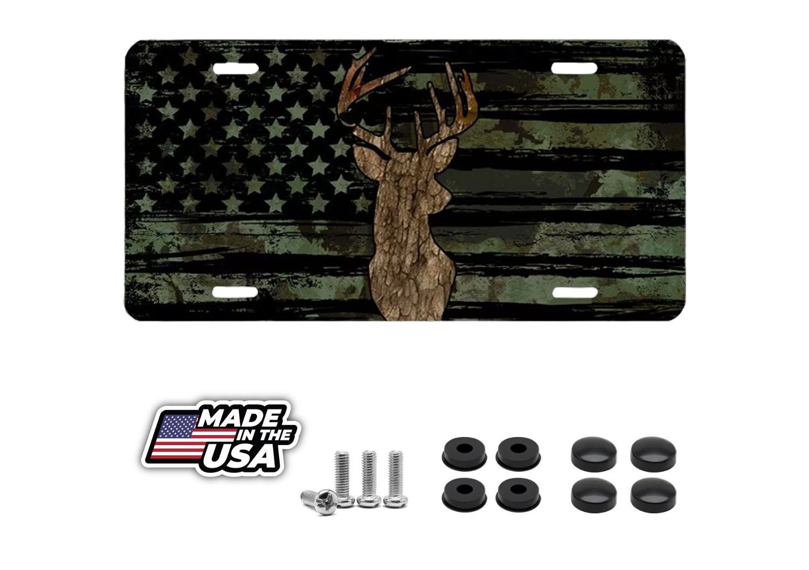 Camouflage Hunting Deer License Plate – American Flag Car Tag, 6×12 In