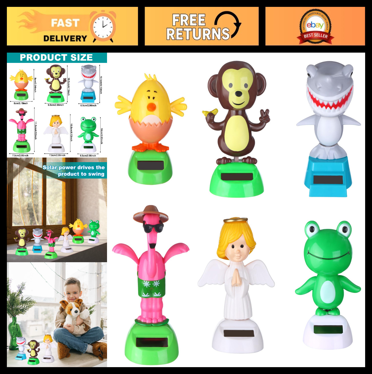 6 Pcs Solar Dancing Animal Dolls – Animated Bobble Dancer Window Decor, Kids Gif
