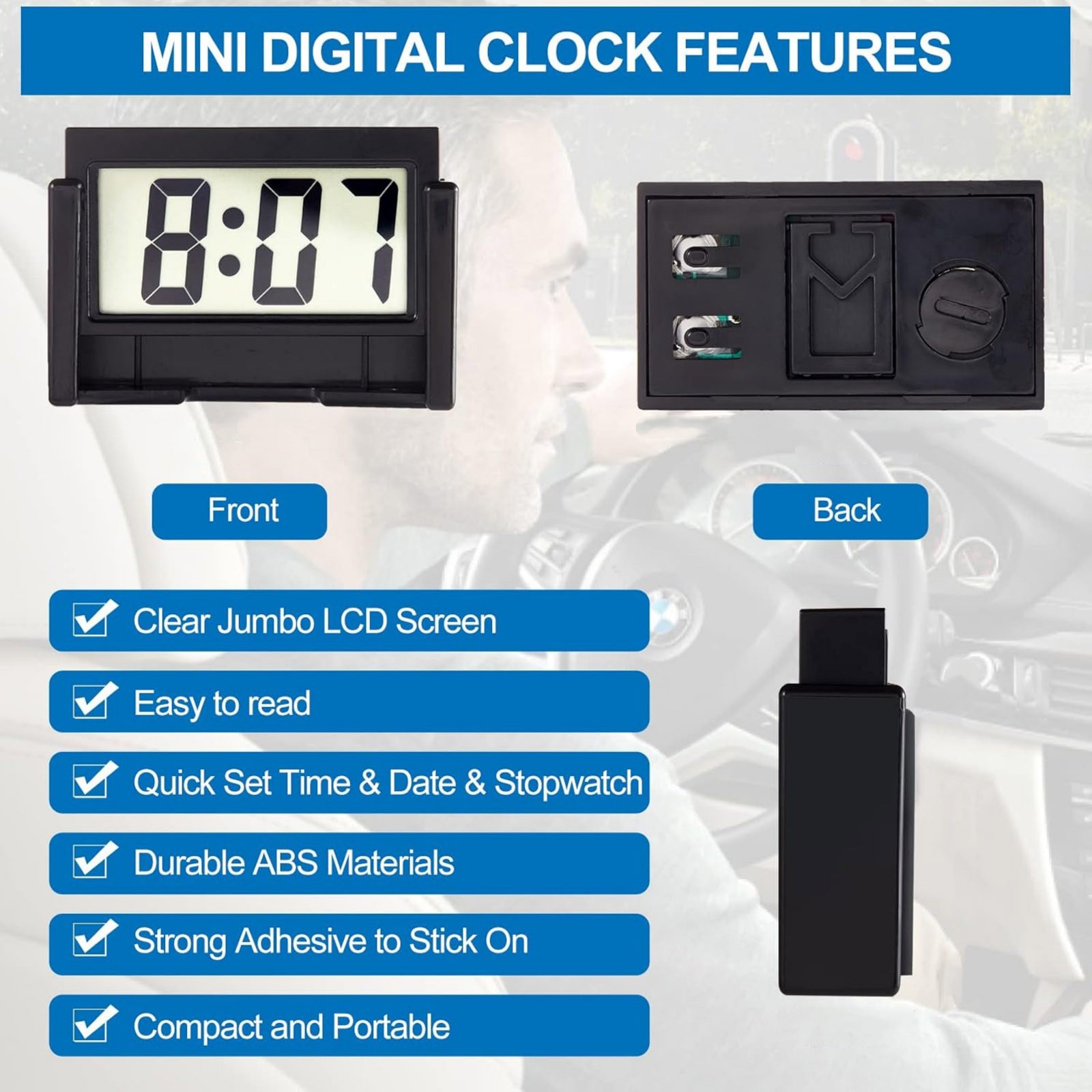 3PCS Small Digital Clock Mini Adhesive Stick On For Car Home Office Use New Set