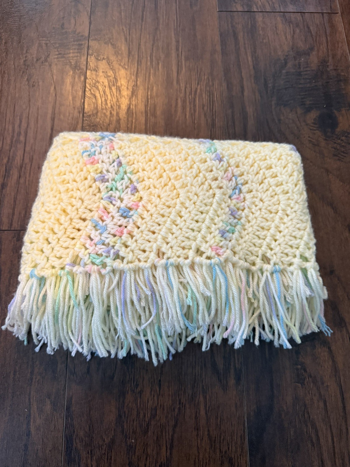 Hand Knit Afghan Pastel Crochet Throw Blanket Fringe Pastel Baby Nursery Decor