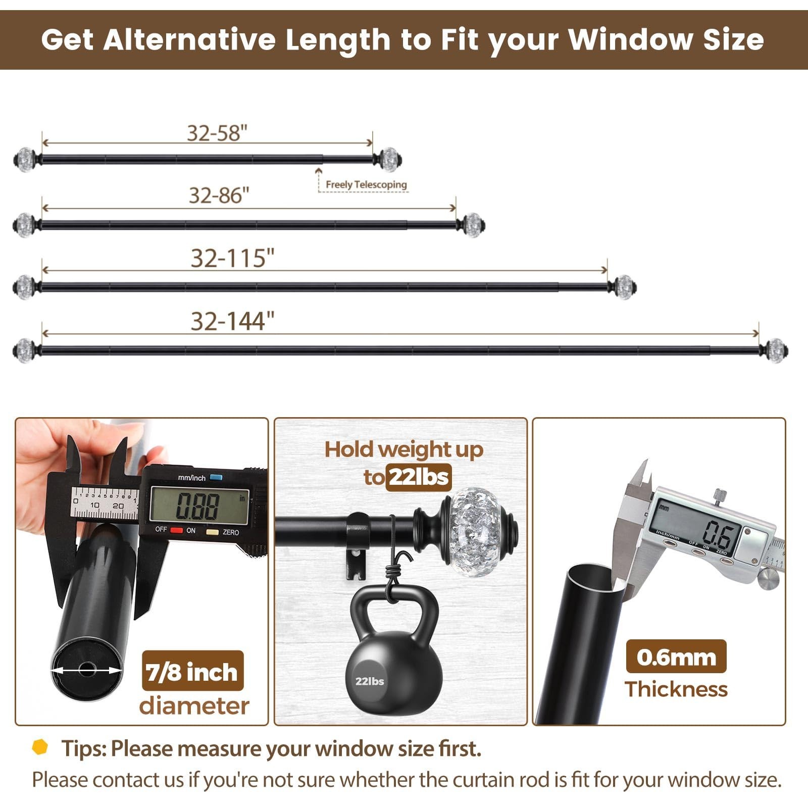 2 Pack Curtain Rod 32 to 58 Inches (2.6-4.8ft), USFOOK 7/8 inch Telescoping S…