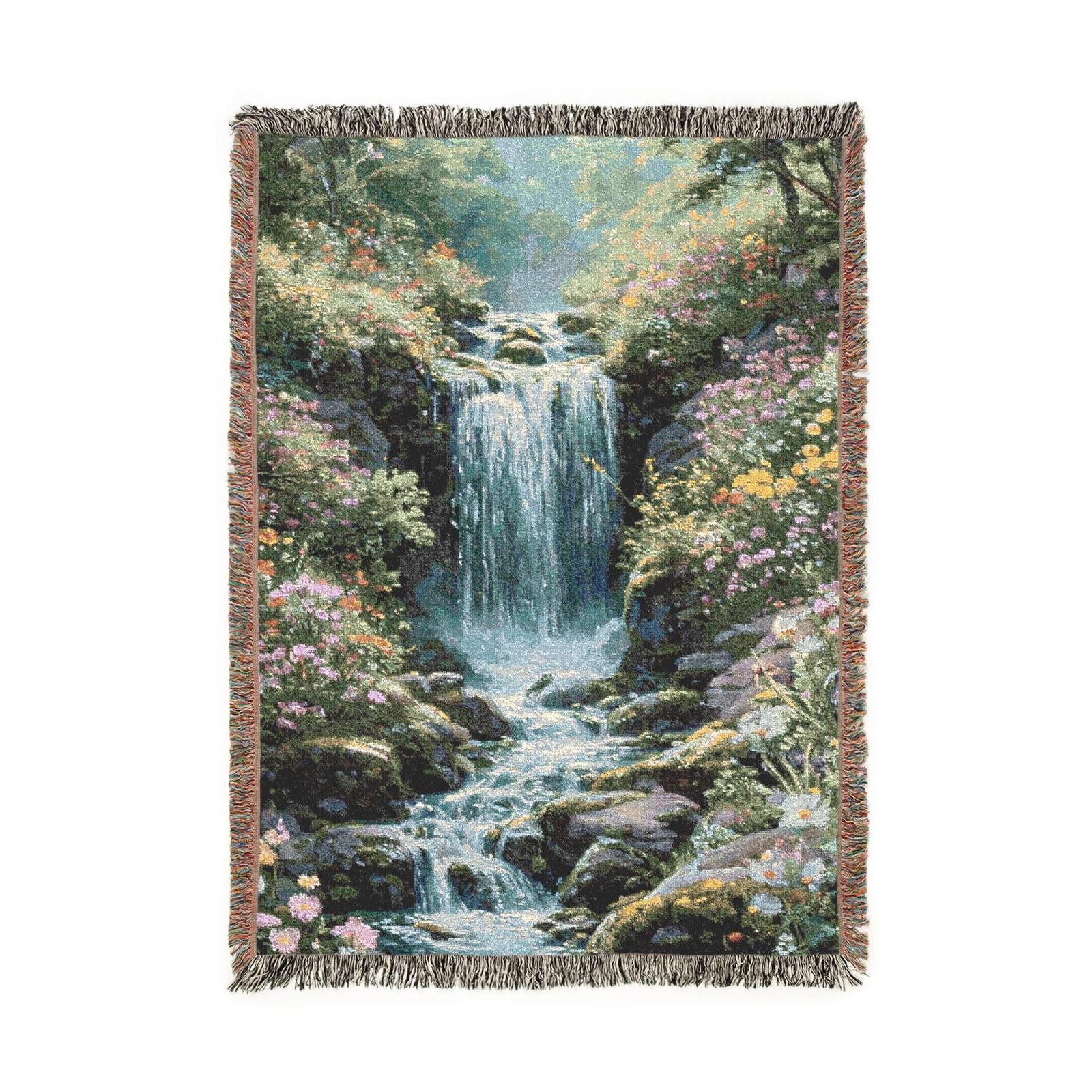 waterfall at the clearing woven tapestry blanket (52by37)