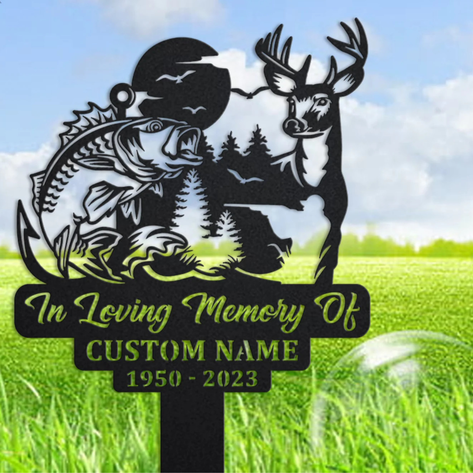Hunting Fishing Memorial Stake, Personalized Deer Angler Grave Marker Sign