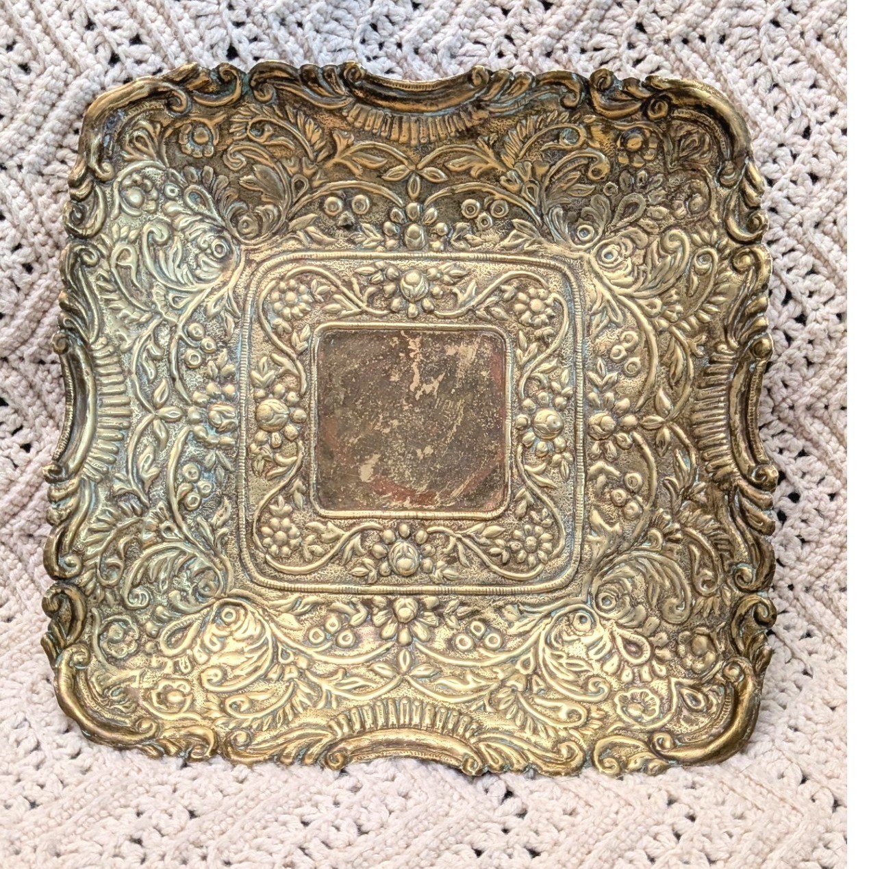 Vintage Brass Bowl Square Footed Repousse Floral Ornate Decorative Dish Tray