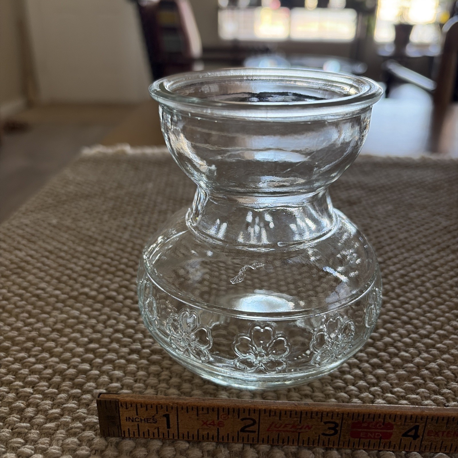 Clear Glass 4” Embossed Flowers Bulb Forcing Vase Paperwhites Hyacinths Tulips