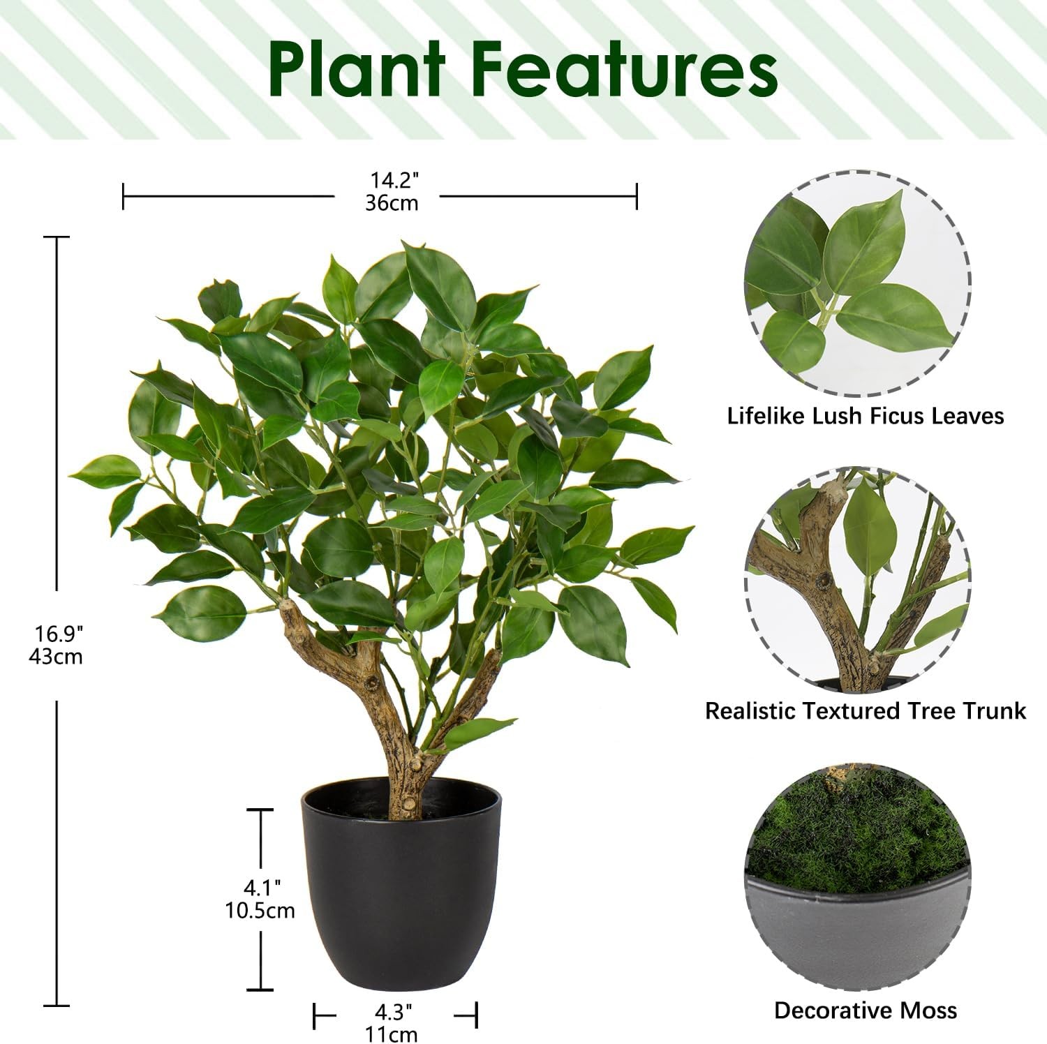 Artificial Tree, 17 » Ficus Bonsai, Premium Faux Planted Potted Decor for Home
