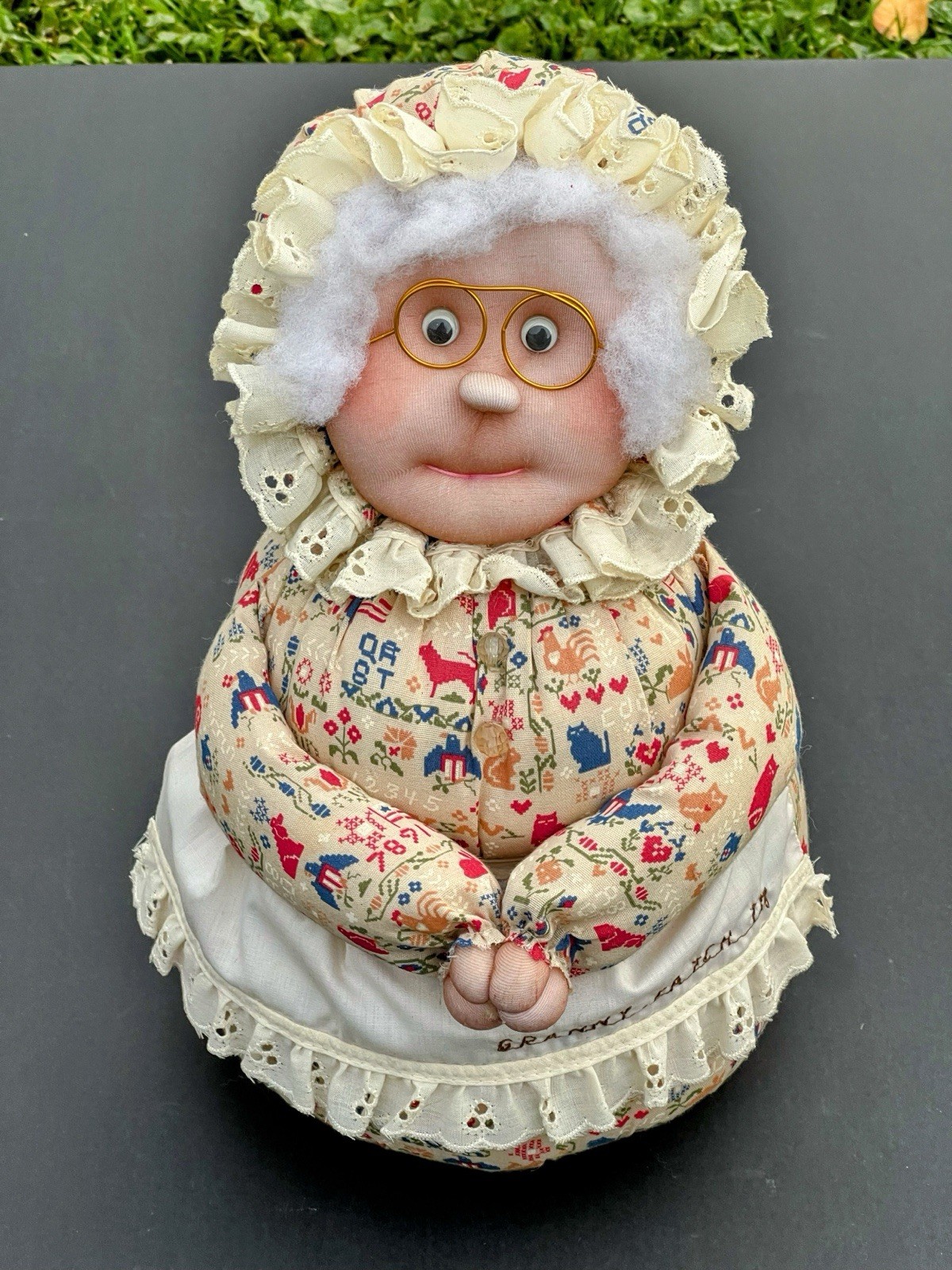 VTG Granny Patch Weighted Doorstop Handmade Doll Grannycore County Farm Cottage