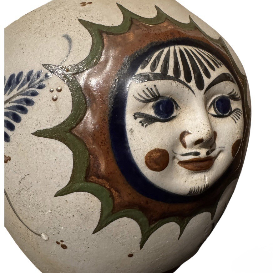 Handcrafted Handpainted Pottery Celestial Sun Face Mexican Tonala Vase