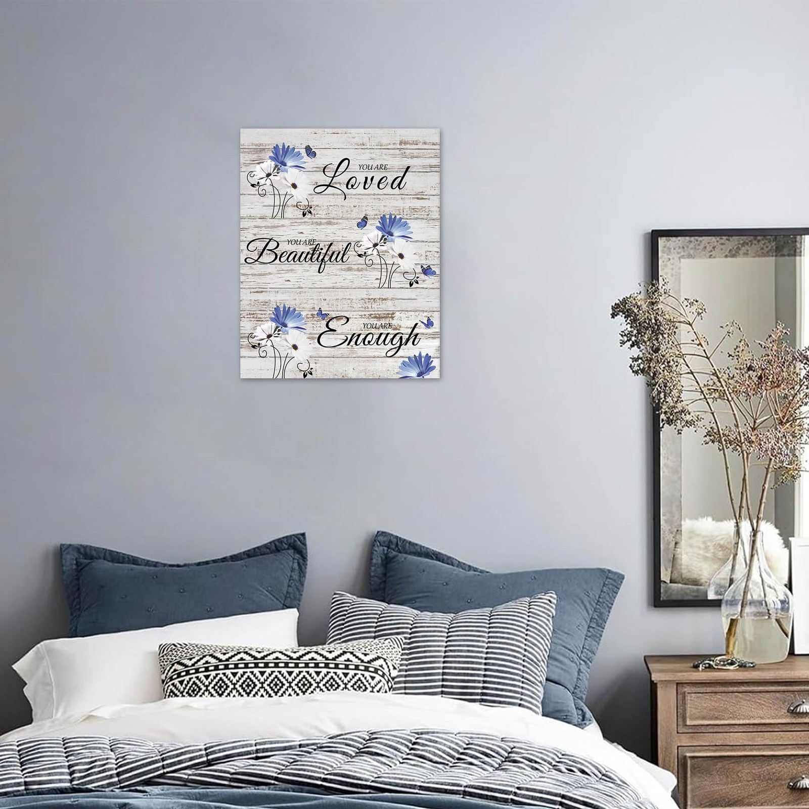 Farmhouse Blue Floral Wall Art Blue White Daisy Flower Butterfly on Rustic Wo…