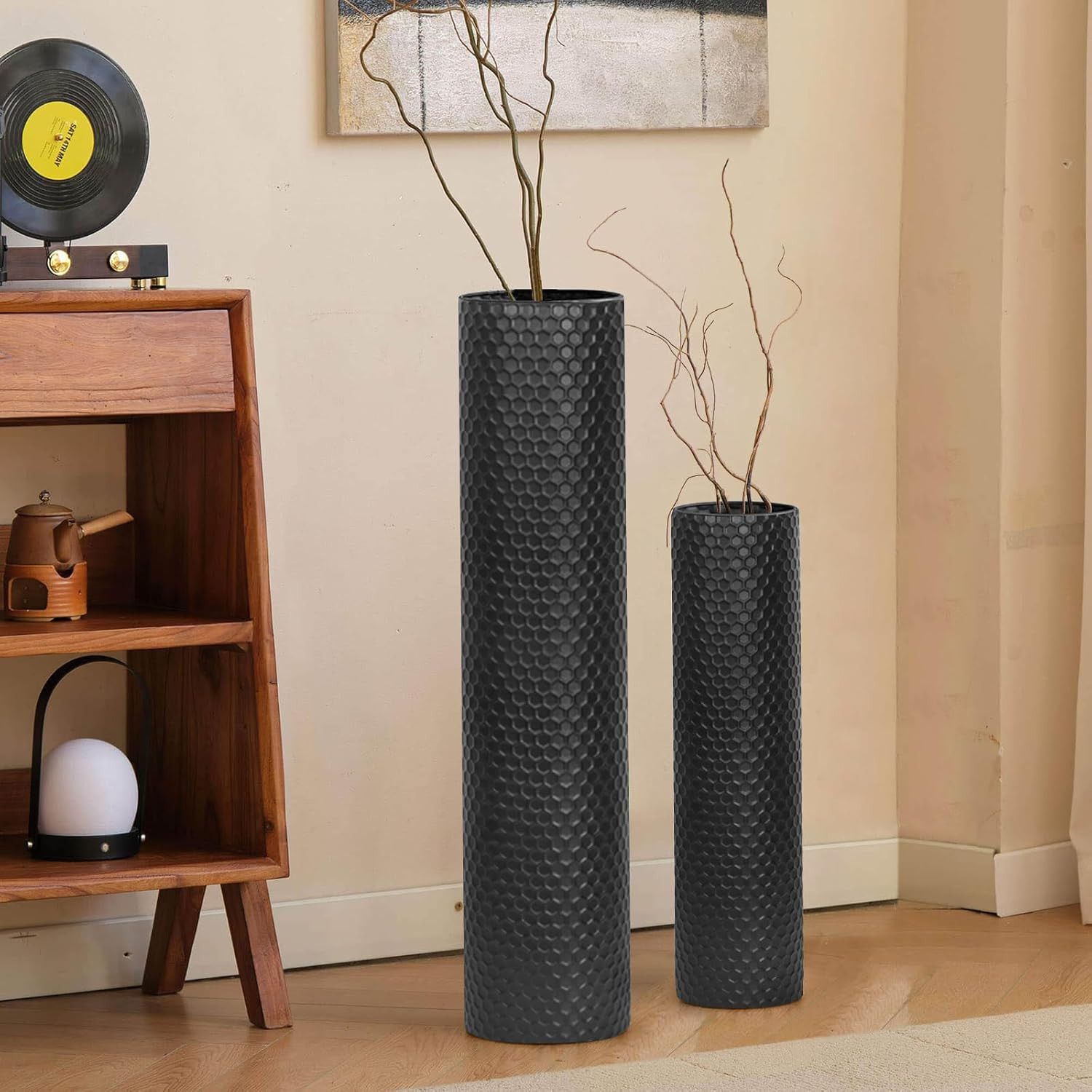 Set of 2 Black Cylinder Floor Standing Vases Large 27/21In Tall Metal Decorative