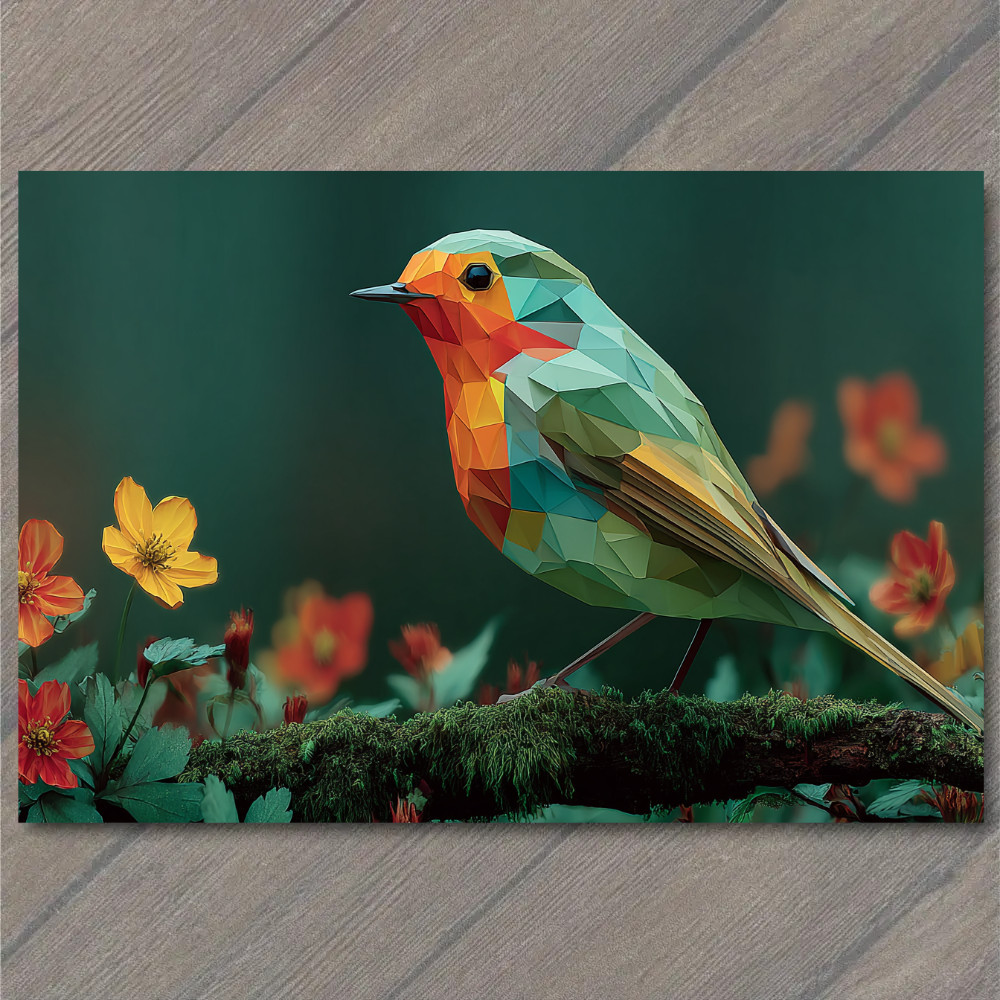Art Print Low Poly Colorful Bird Floral Garden Geometric Polygon Nature