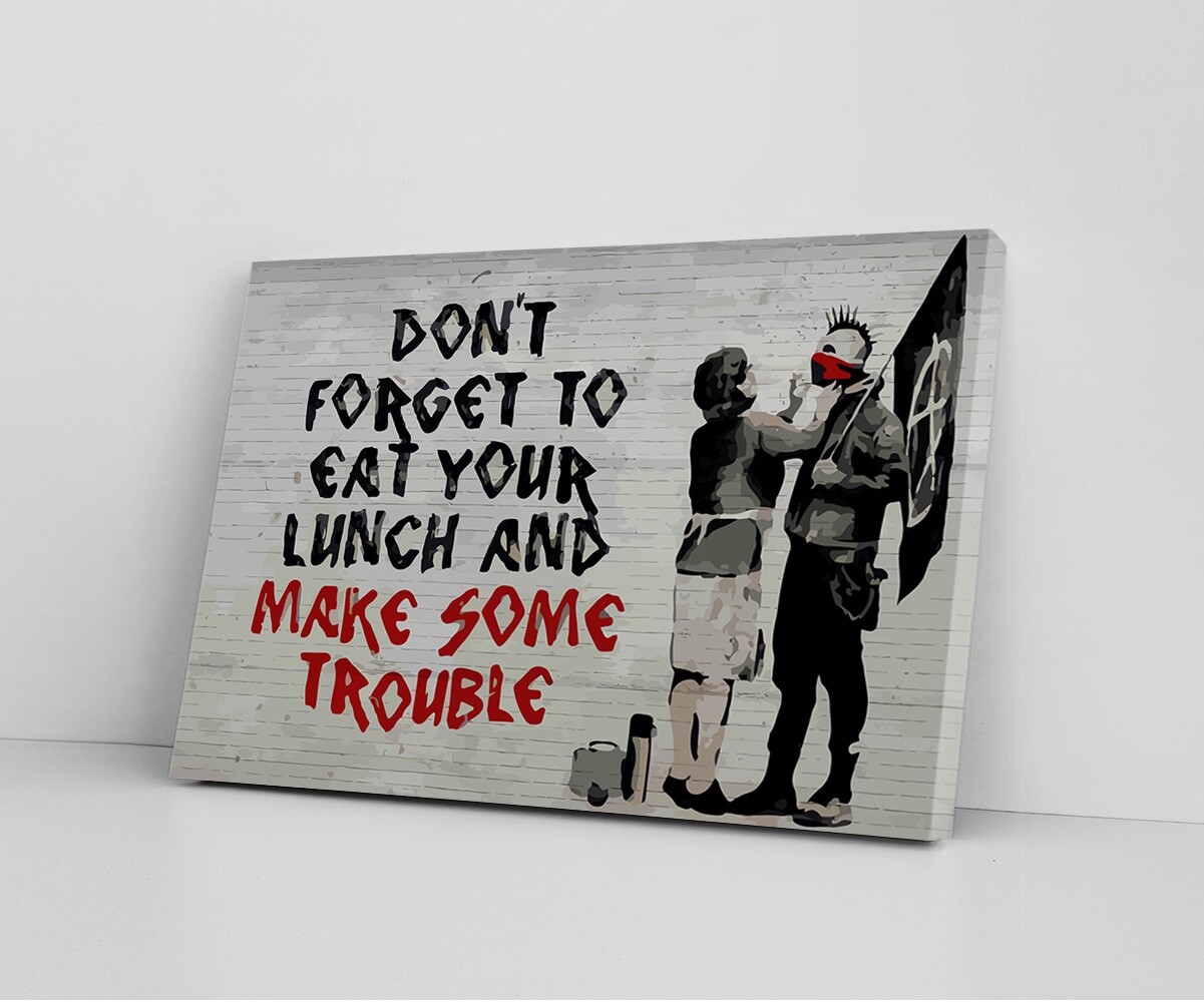 BANKSY Canvas Wall Art « Don&rsquo;t Forget To Eat Your Lunch » Framed Artwork Prints