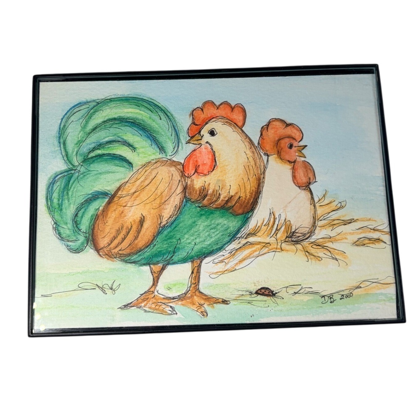 Vintage 2000 Signed DB Rooster Hen Watercolor Ink Art Framed 5×7 Country Decor