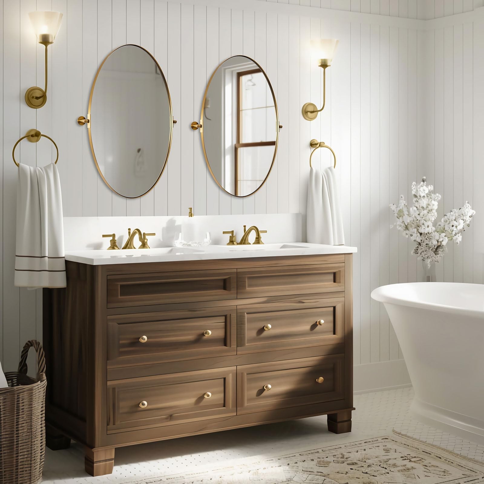 Gold Oval Pivot Mirror, Brushed Brass Bathroom Vanity Mirror, Oval Tilting Mi…