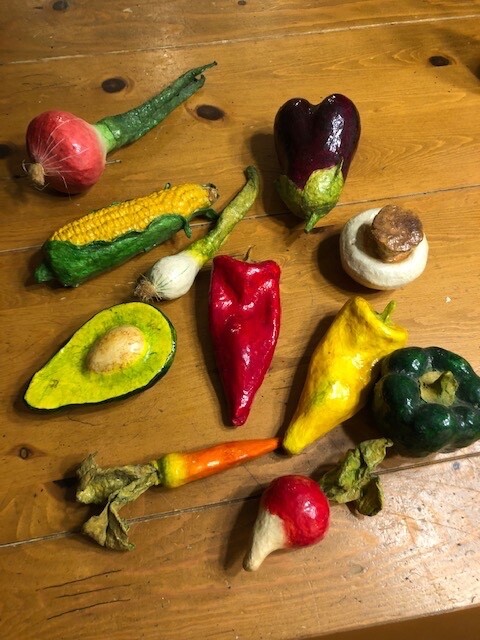 Vintage Lot of 11 Pieces Glazed Vivid Paper Mache Vegetable Fruit Decor Folk Art