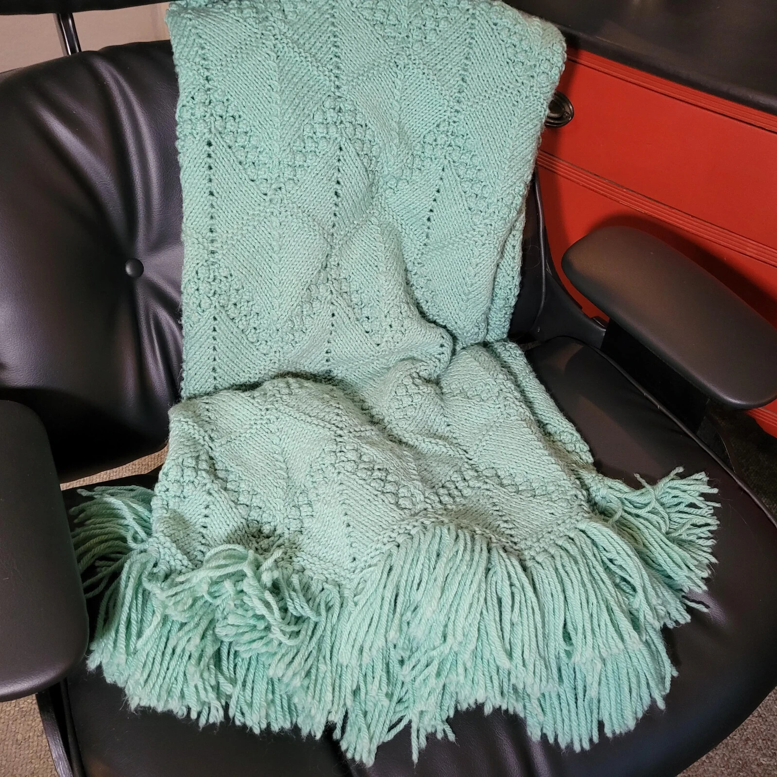 Vintage Hand Knit Aqua Fringed Afghan 52&Prime; x 68&Prime; Warm and Cozy
