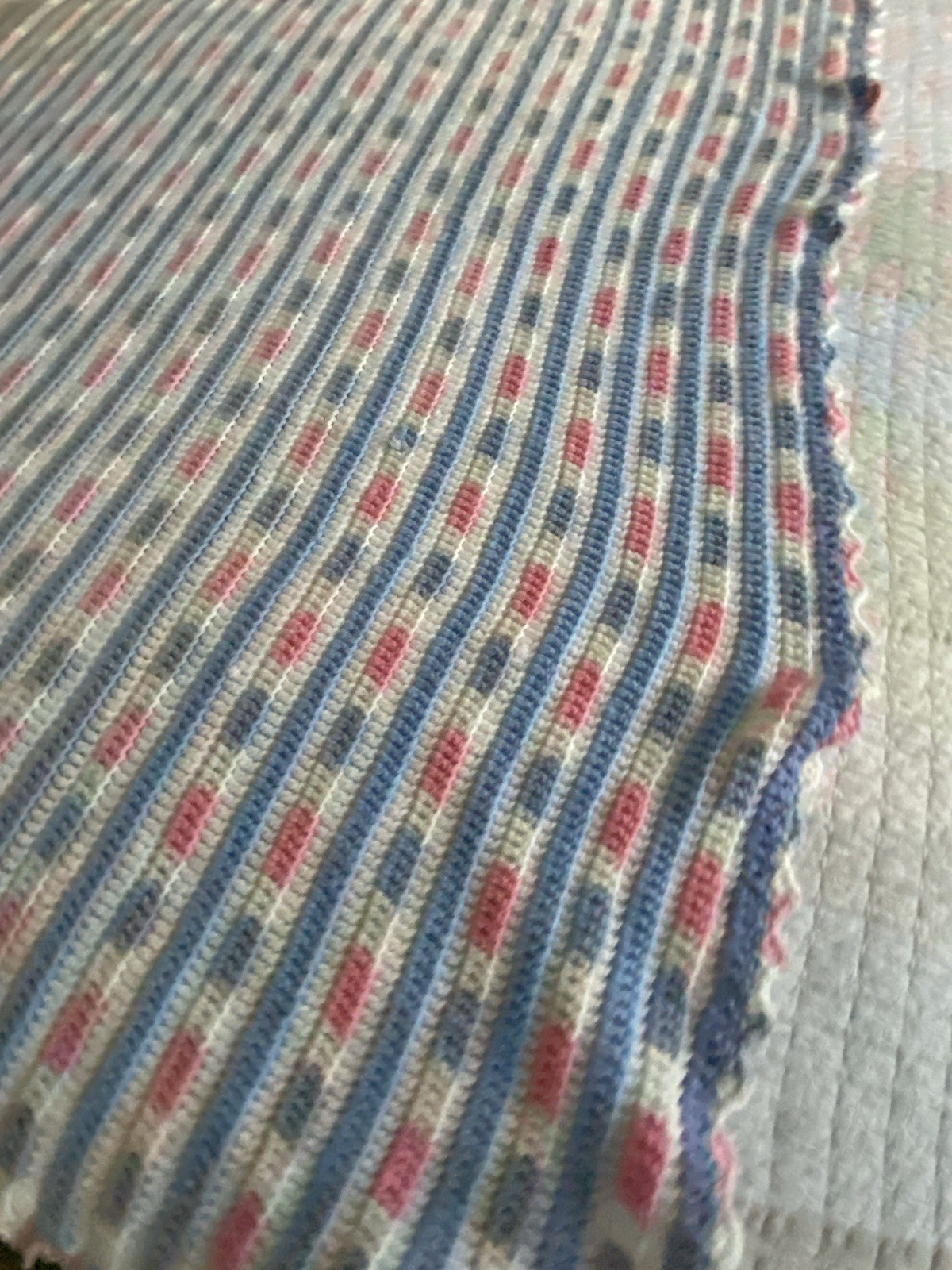 Crochet Quit Pink Blue White Striped Handmade Acrylic Yarn 75 x 33.5 In