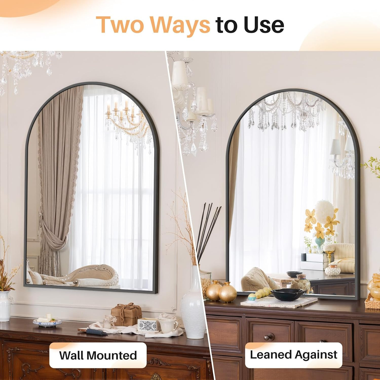 Bathroom Mirror for Wall, 36×24 Inch Arched Mirror, Matte Black Metal Framed Bat