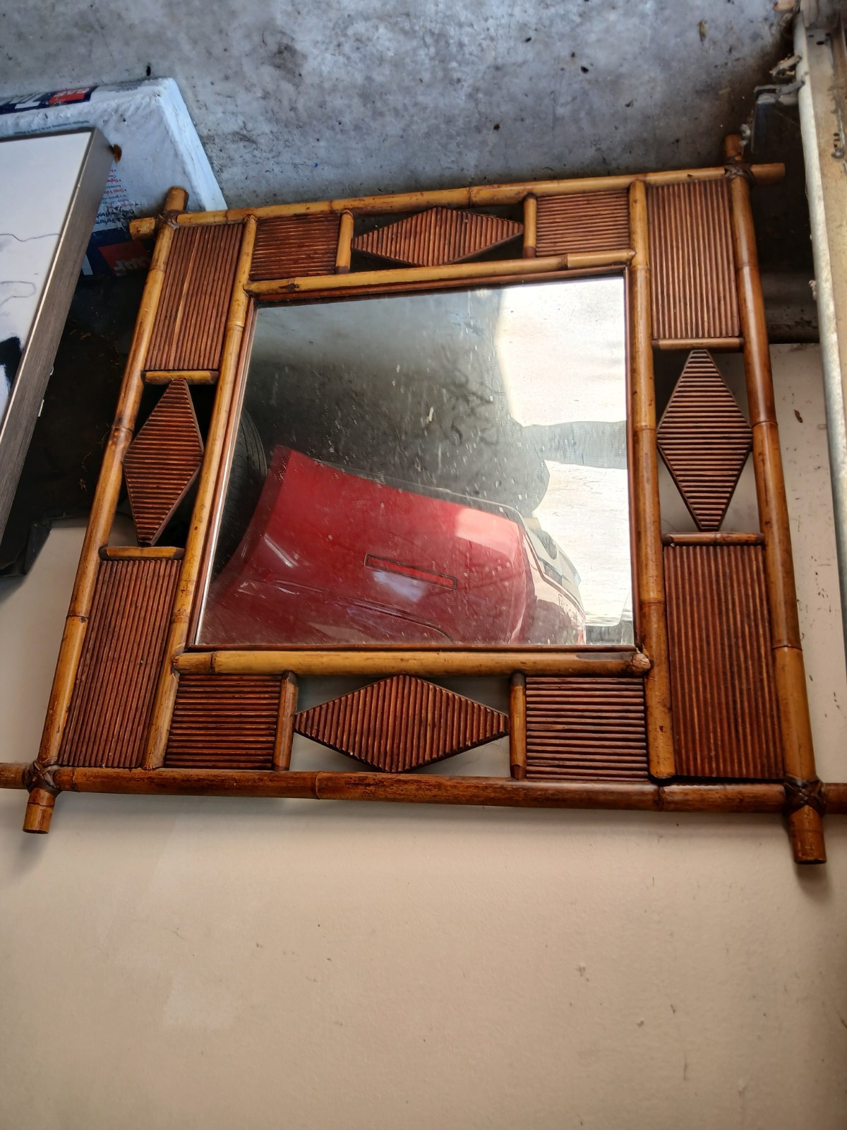 Vintage Bamboo Framed Wall Mirror, Brown Rectangle, Horizontal, Regular Glass