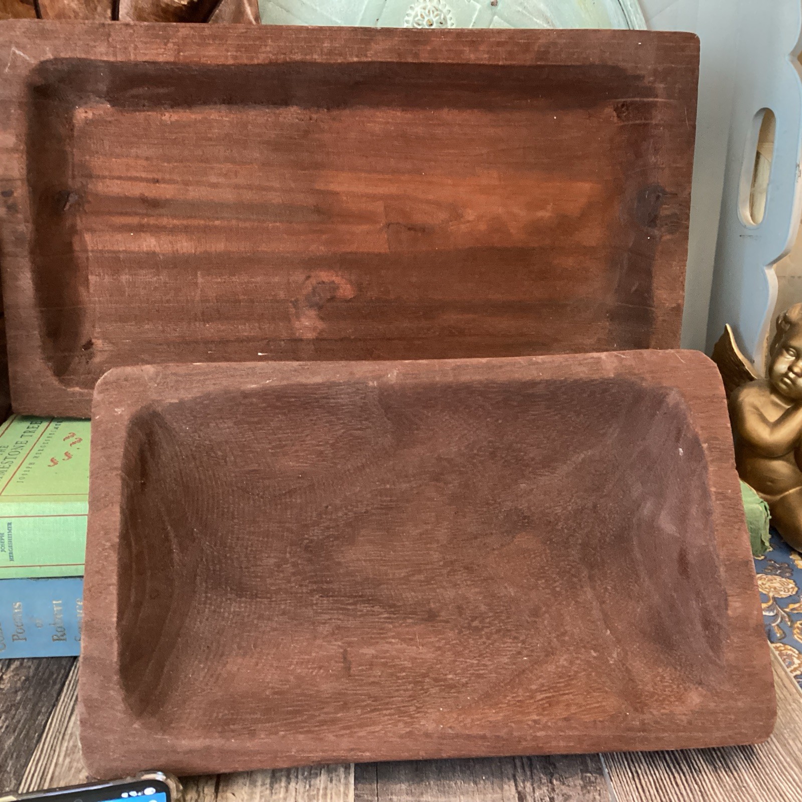 16” &12” For Decor Wooden Dough Bowl Rustic Centerpiece Tray Primitive Farmhouse
