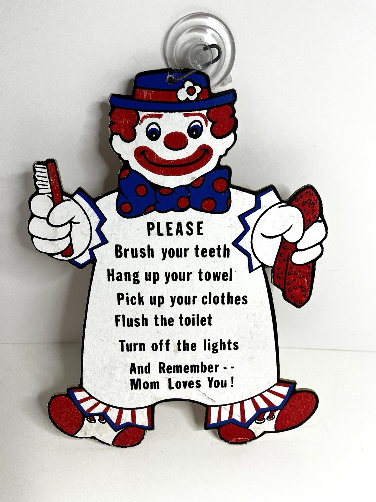 Vintage 1980s Wooden Clown Bathroom Brush Teeth Sign Creepy Fun