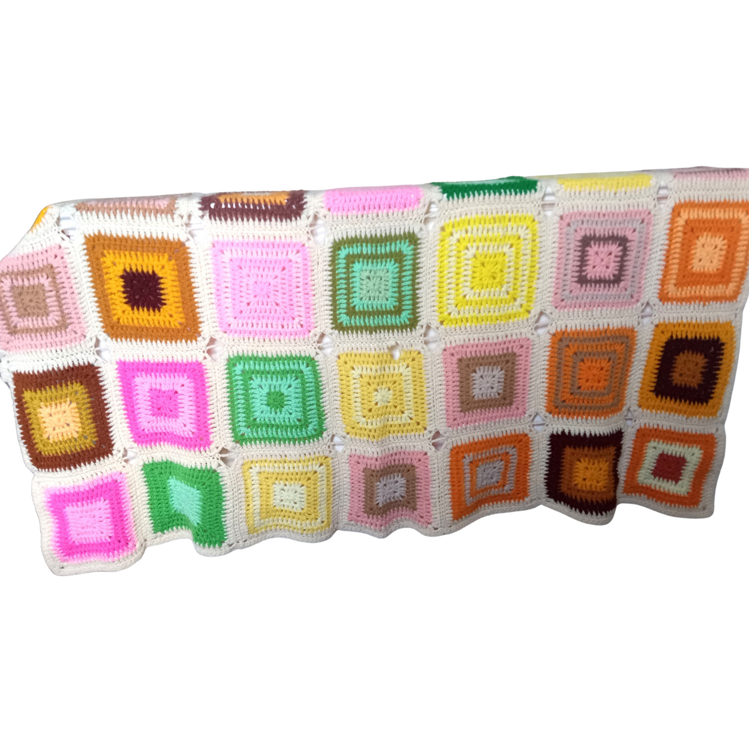 Damaged Vintage Crocheted Afghan Throw Handmade Granny Squares 60&Prime; x 52&Prime;