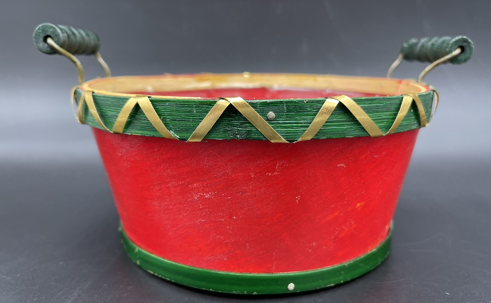 Christmas Theme Round Bamboo Storage Basket Fruit Flowers Gifts Green & Red