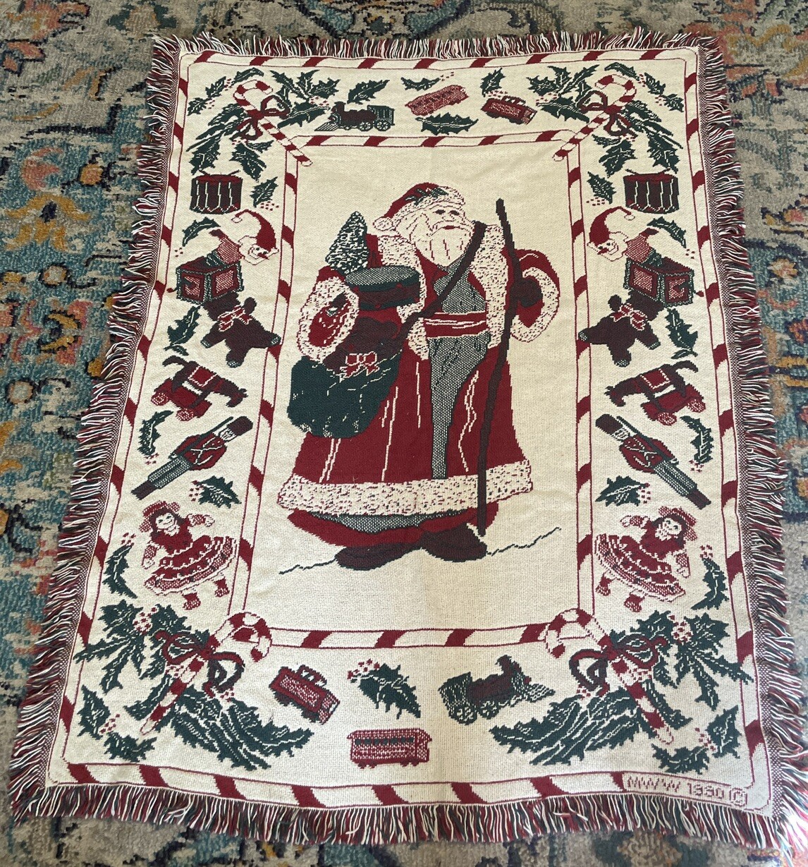Vintage 1990s MWW Christmas Throw Tapestry Blanket Santa Holly 36×46