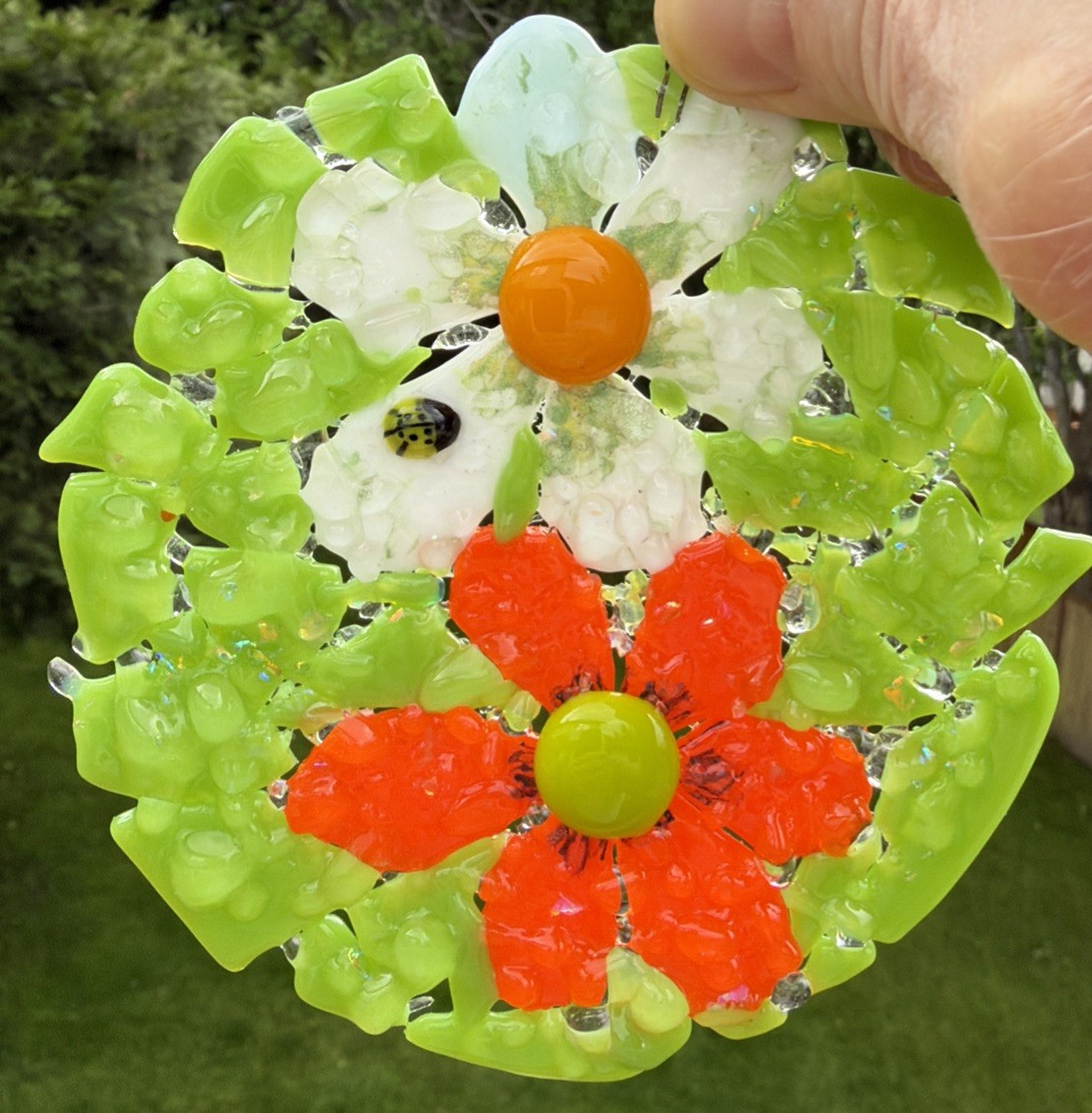Fused Glass Handmade Round Multicolor Flower Sun Catcher Signed By Artist
