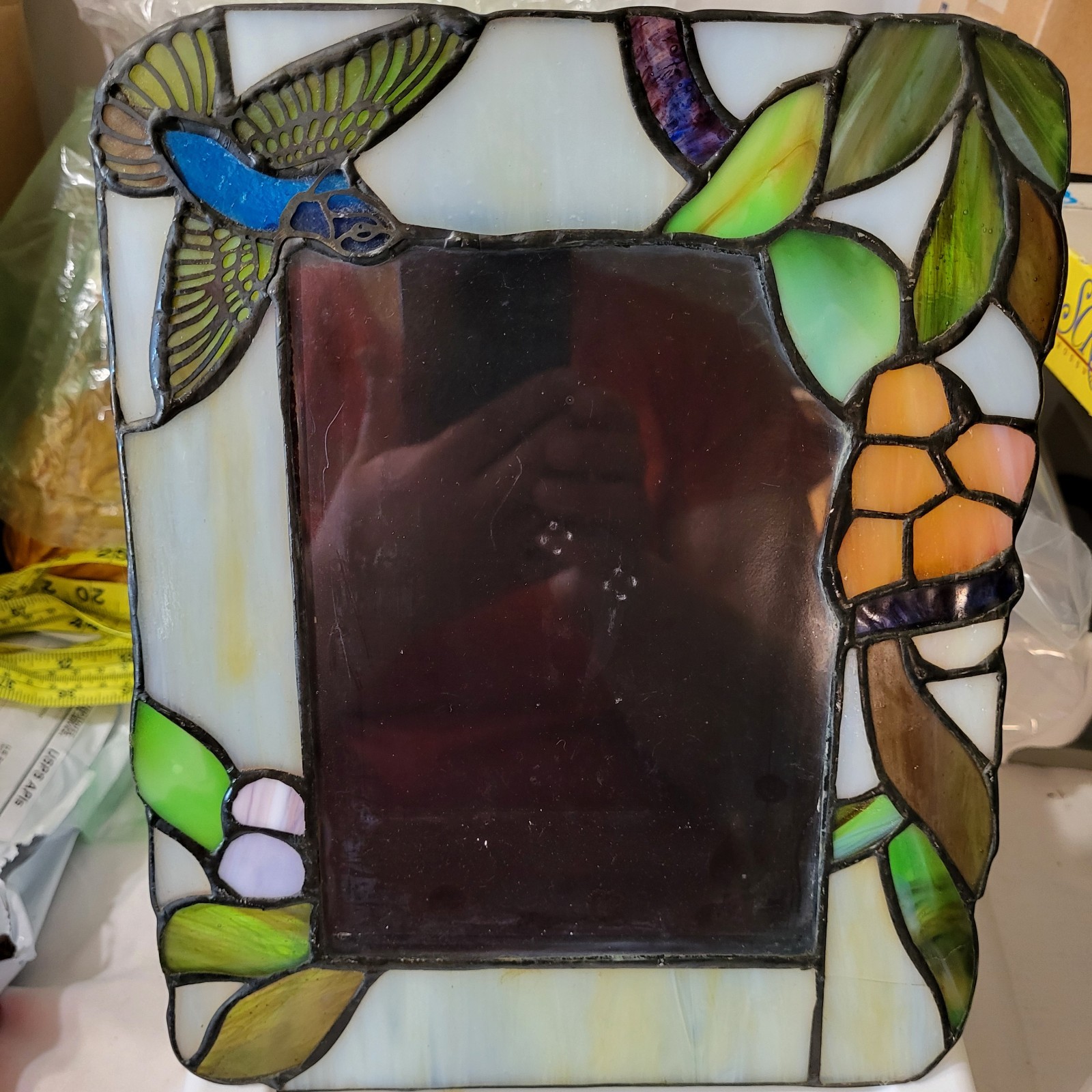 Vintage 5×7 Spectrum Stained Glass Picture Frame Hummingbird Flowers Art Glass