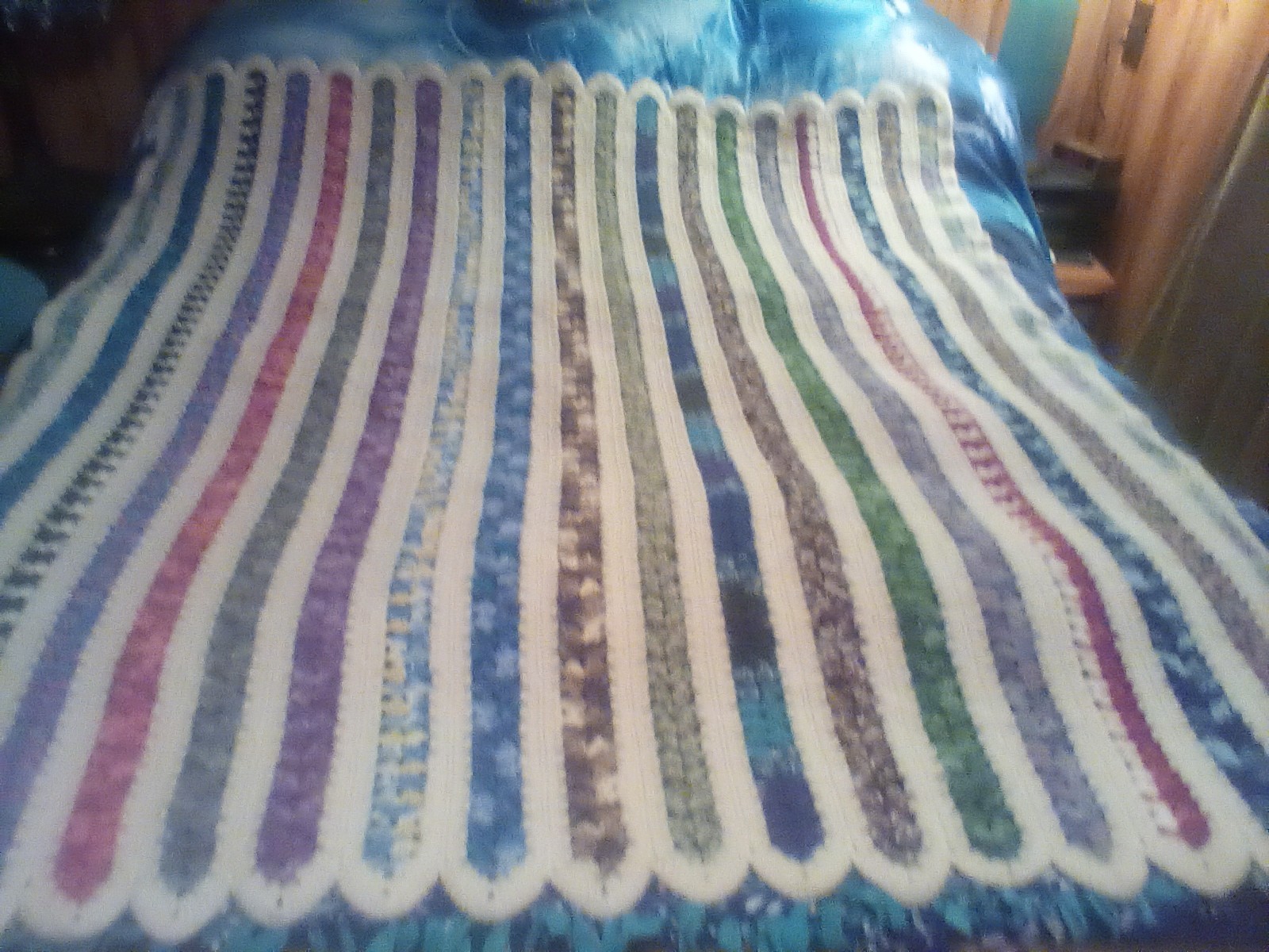 Granny Cottage Core Crochet Afghan Scalloped Blanket Throw Hand made 61 X 74