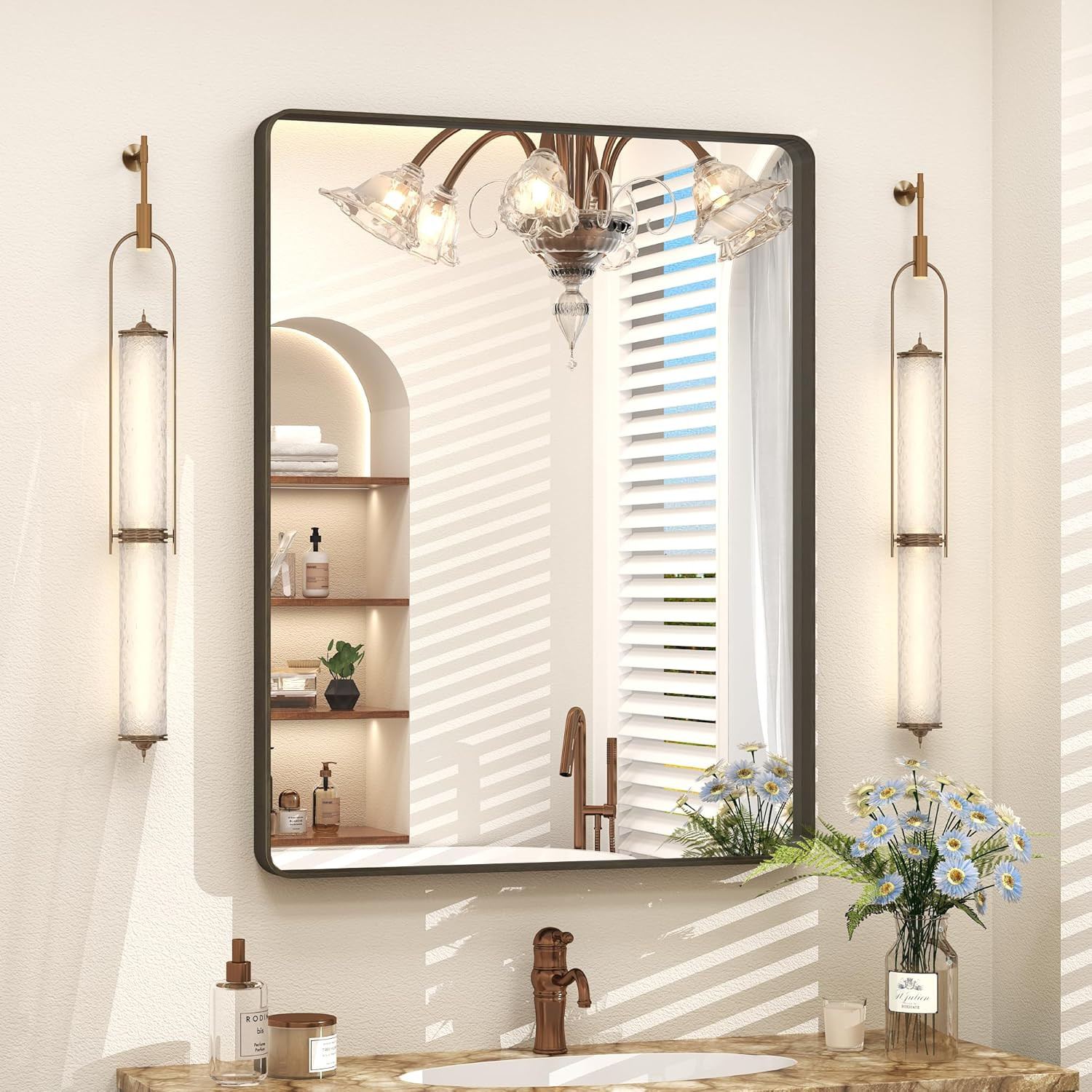 24X32 Inch Bronze Framed Bathroom Mirror, Brushed Bronze Metal Vanity Mirror, Br
